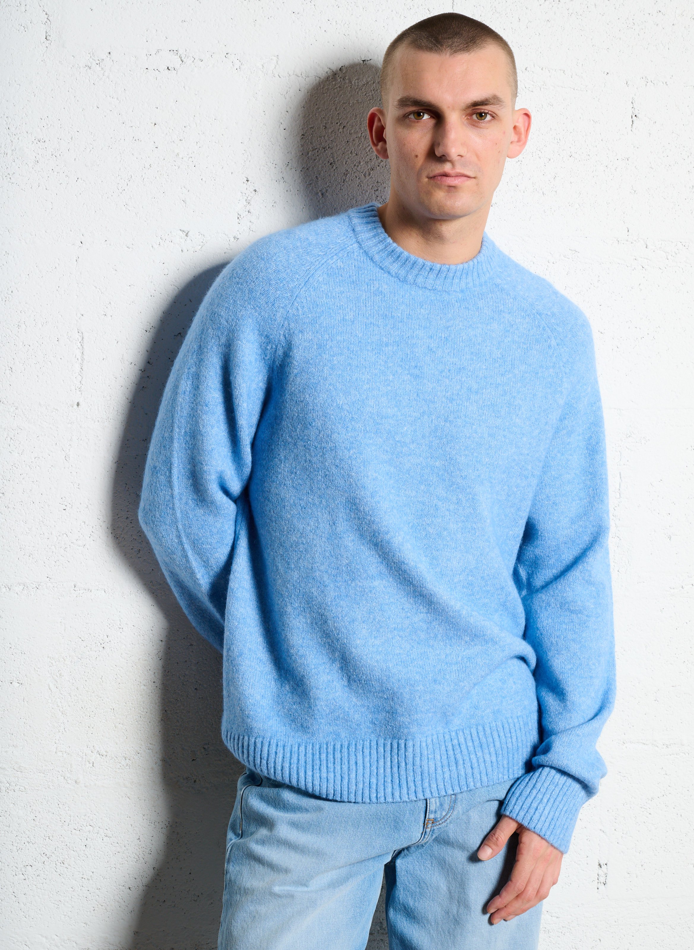 Pull droit col rond en maille mélangée LES DEUX Bleu