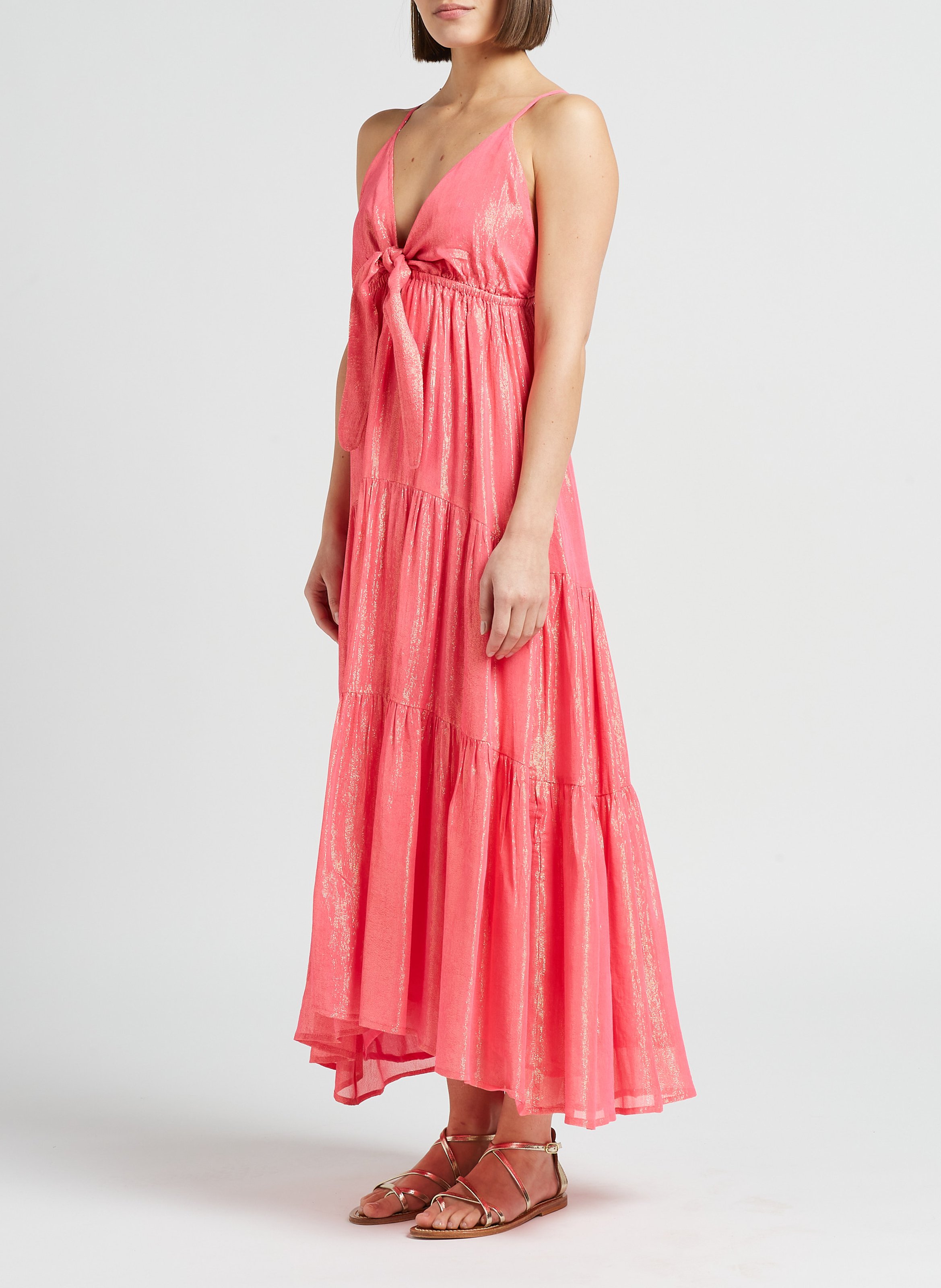 Robe longue col V à fils métallisés SUNDRESS Rose