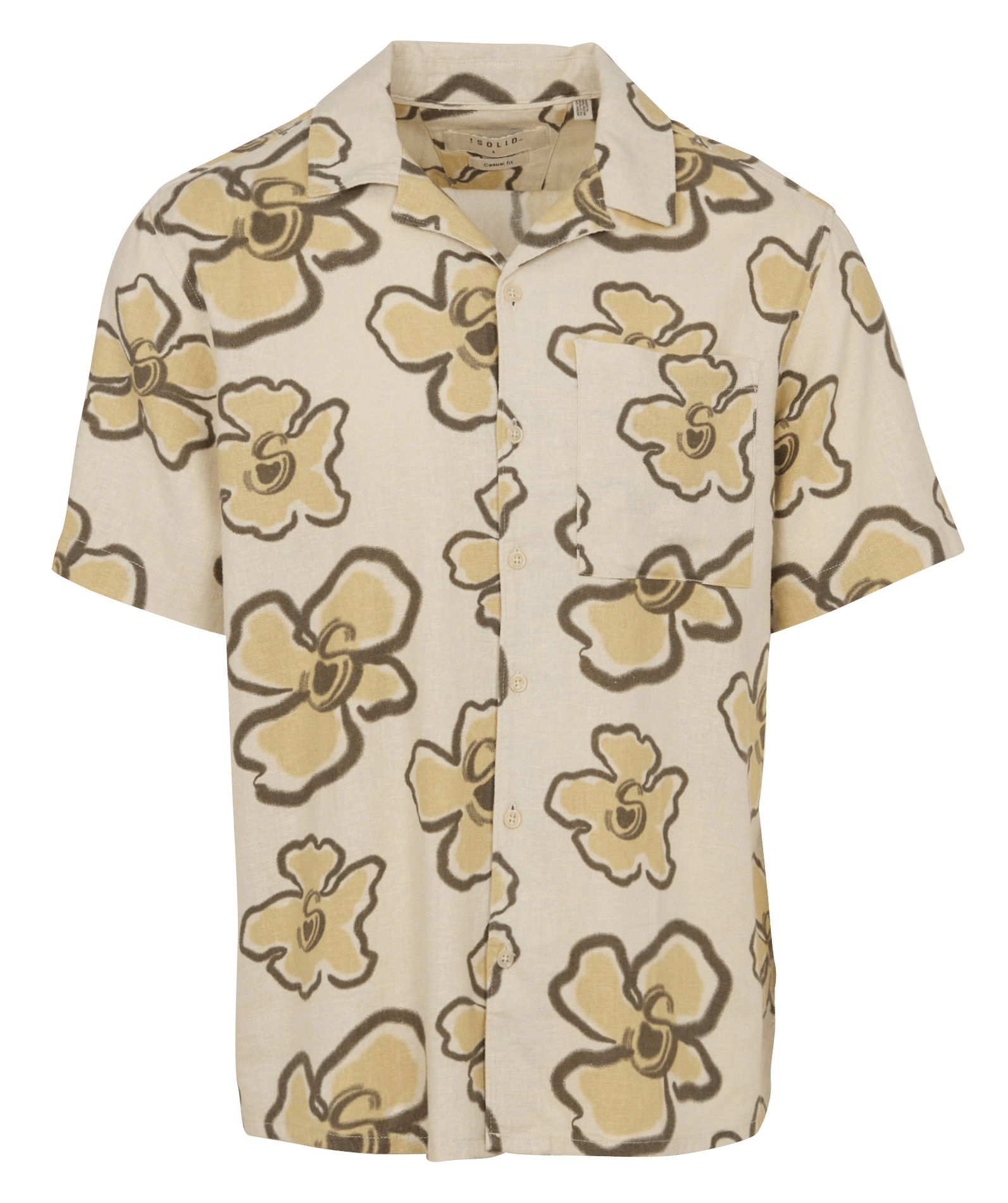 Hemd im Casual-Fit mit kubanischem Kragen und floralem Print aus Leinenmischung SOLID Beige