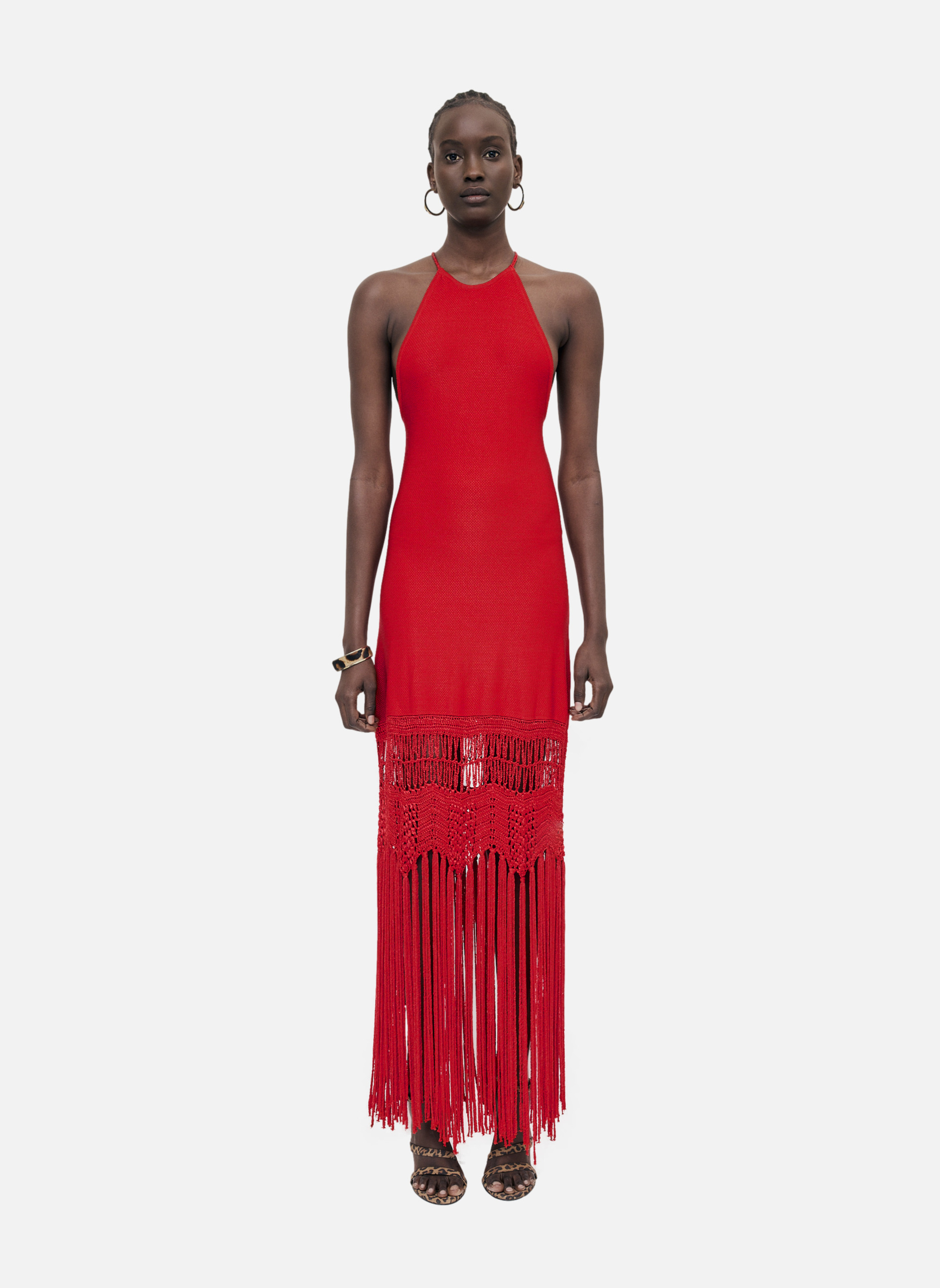 Robe dos nu avec franges en maille THE KOOPLES Rouge