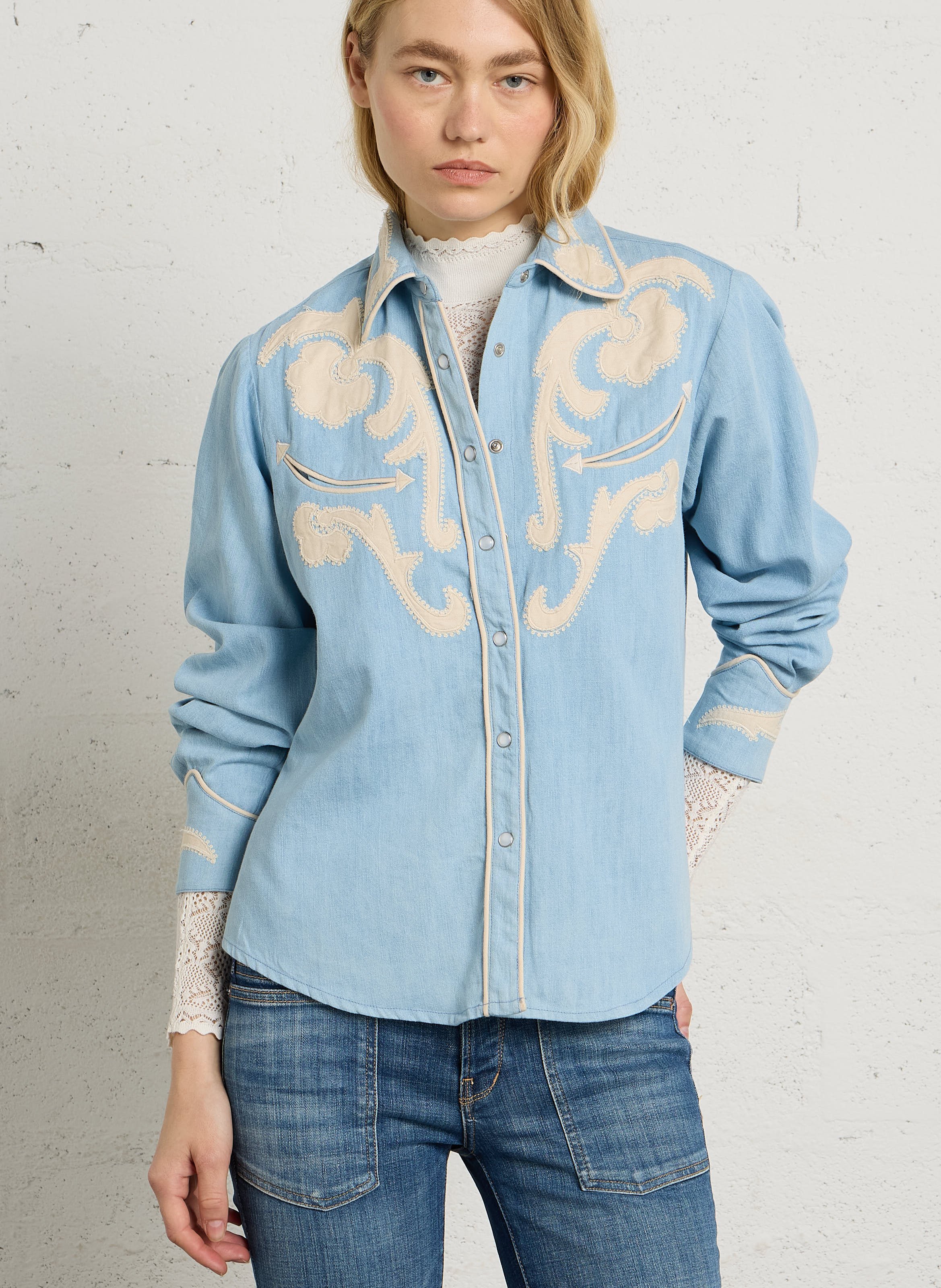 Denim shirt with cotton embroideries MAISON HOTEL Blue