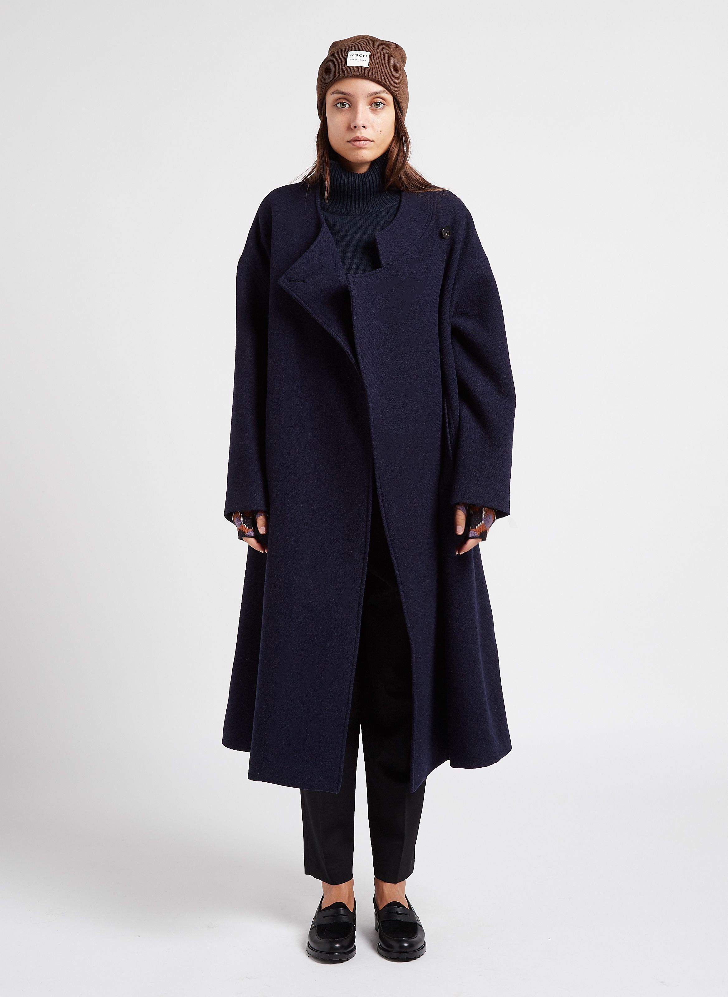 Manteau col rond en laine m lang e Bleu