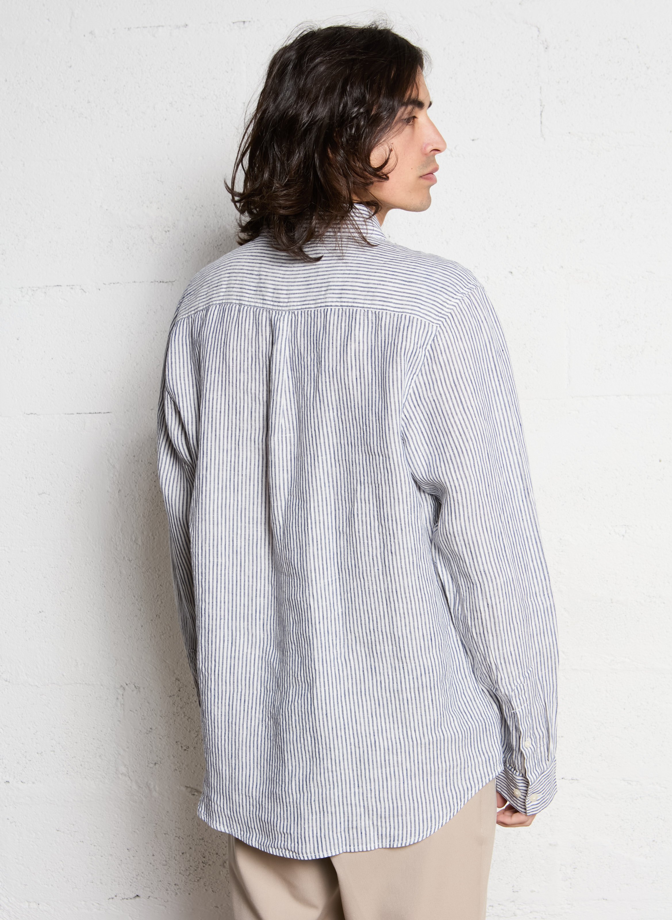 Gestreept overhemd van linnen met Amerikaanse kraag LES DEUX Beige