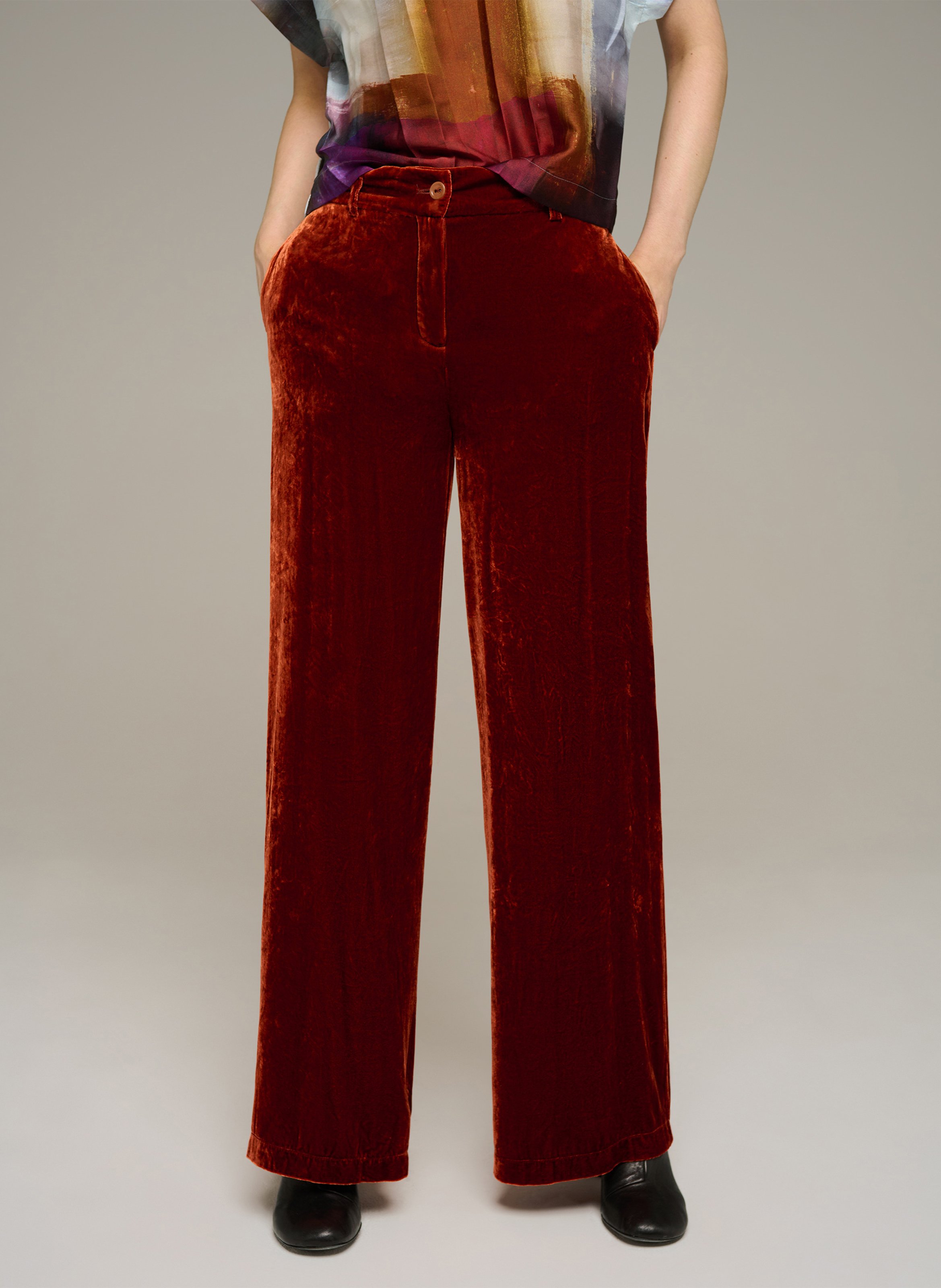Einfarbige Hose mit weitem Bein und Samtoptik COTELAC Orange