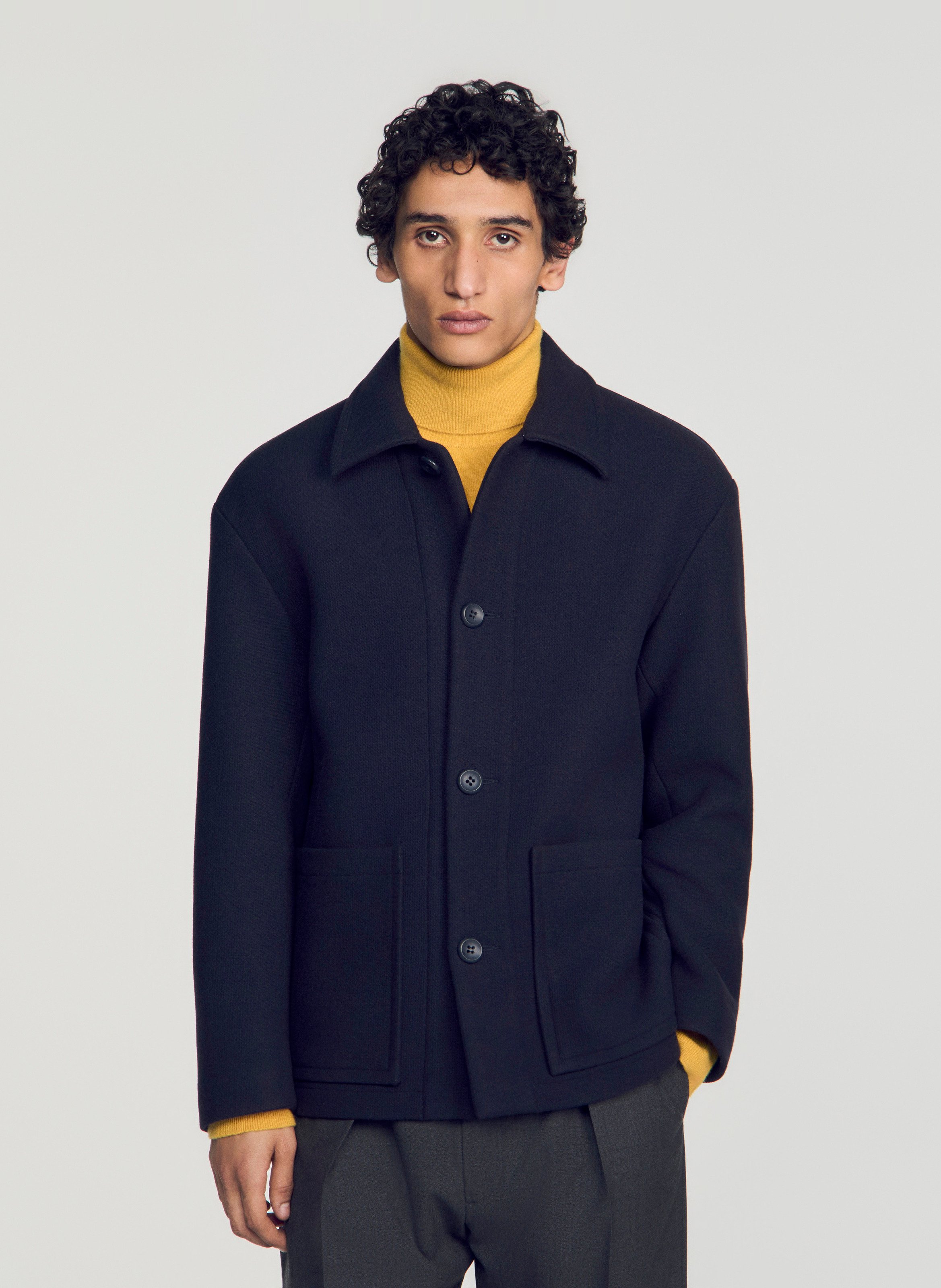 Blouson droit uni en laine mélangée SANDRO Bleu