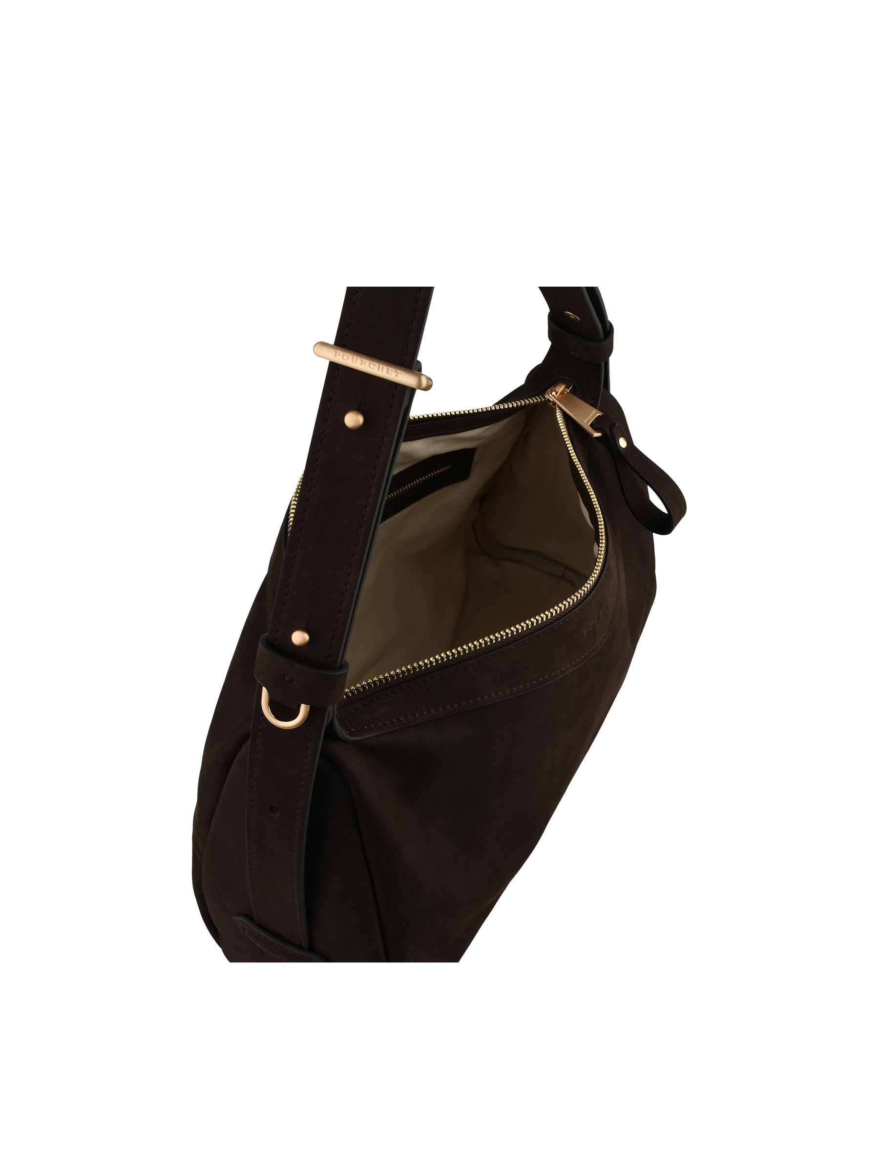 Sac porté épaule en cuir de vachette façon nubuck POURCHET Marron