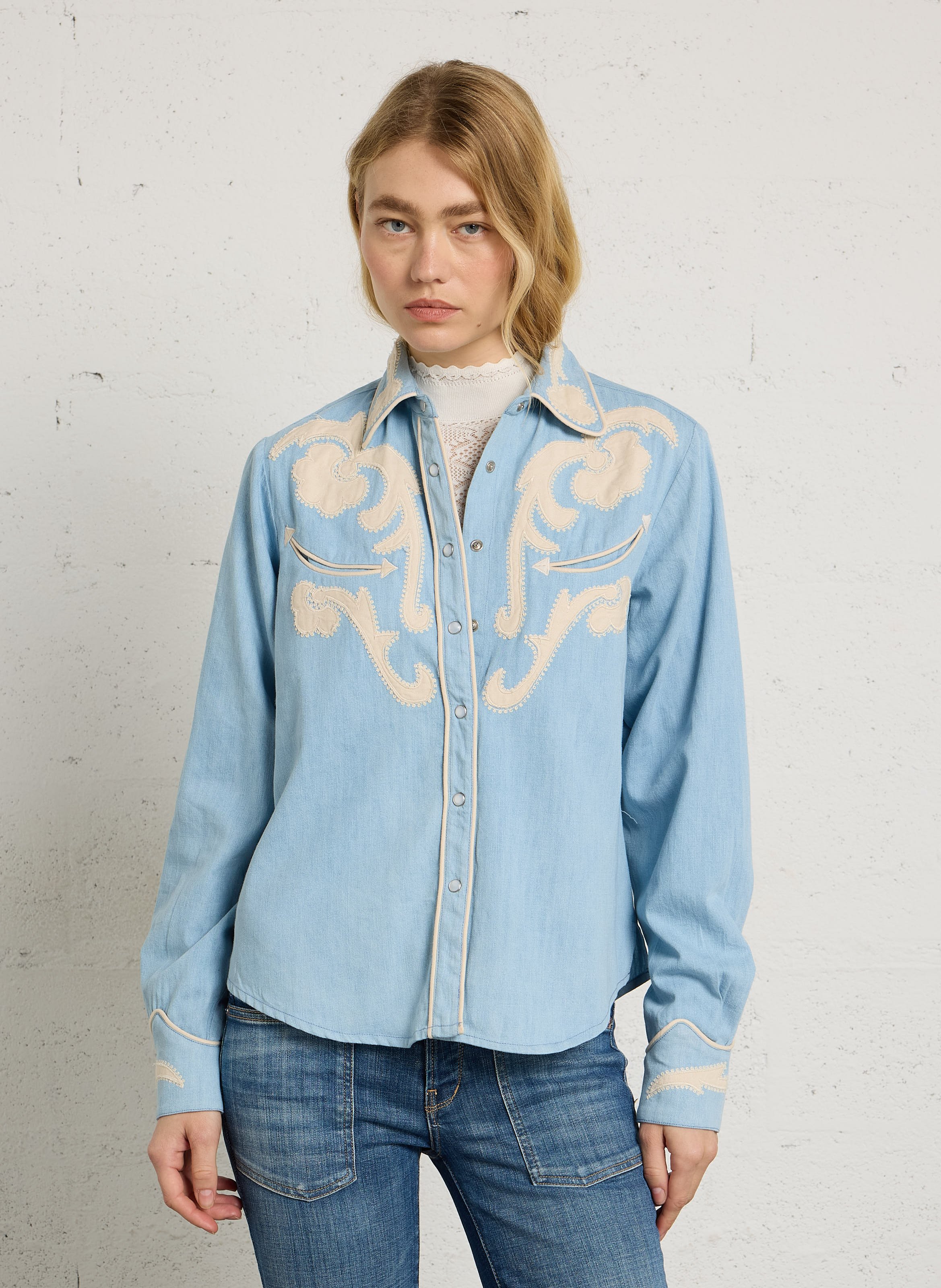 Denim shirt with cotton embroideries MAISON HOTEL Blue