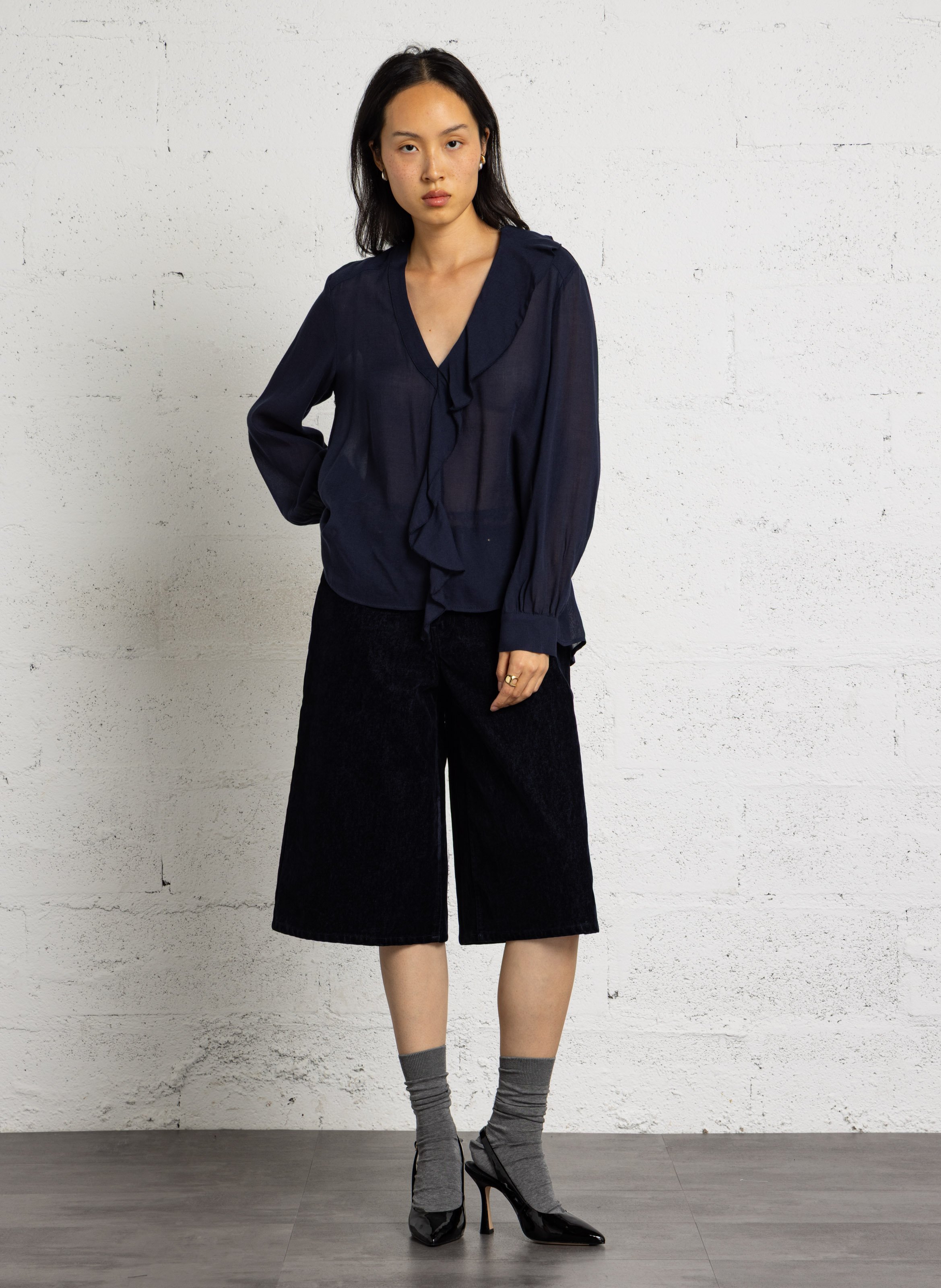 V-neck ruffled solid blouse PLEASE Blue