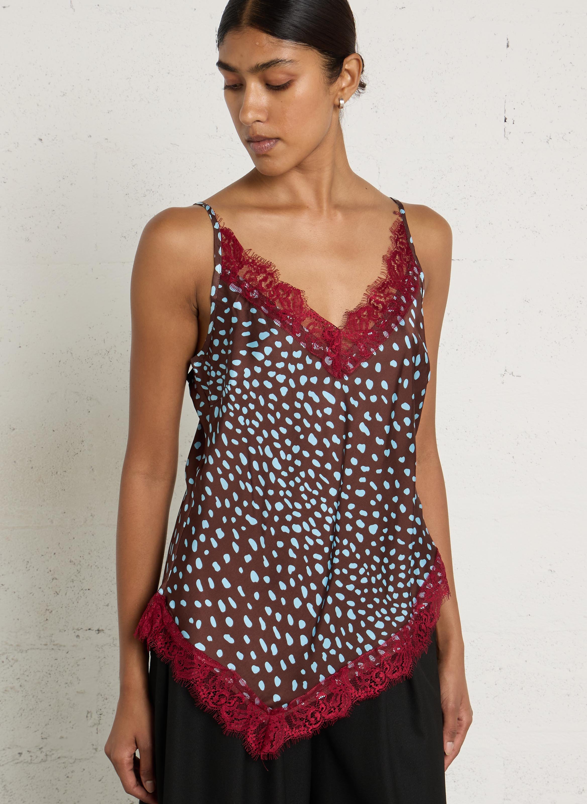 Débardeur asymétrique à pois et dentelle NEVER FULLY DRESSED Marron