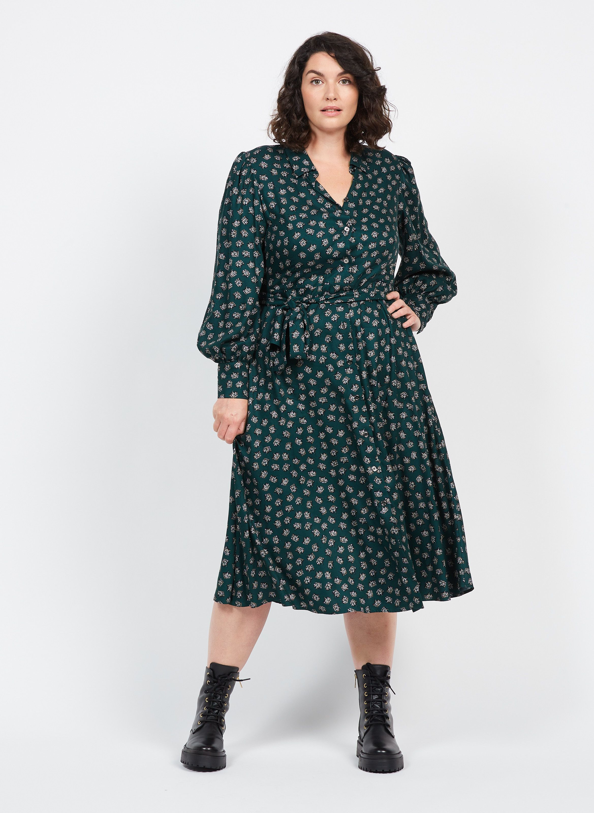 Printed Midi Dress With Classic Collar Dark Green Persona By