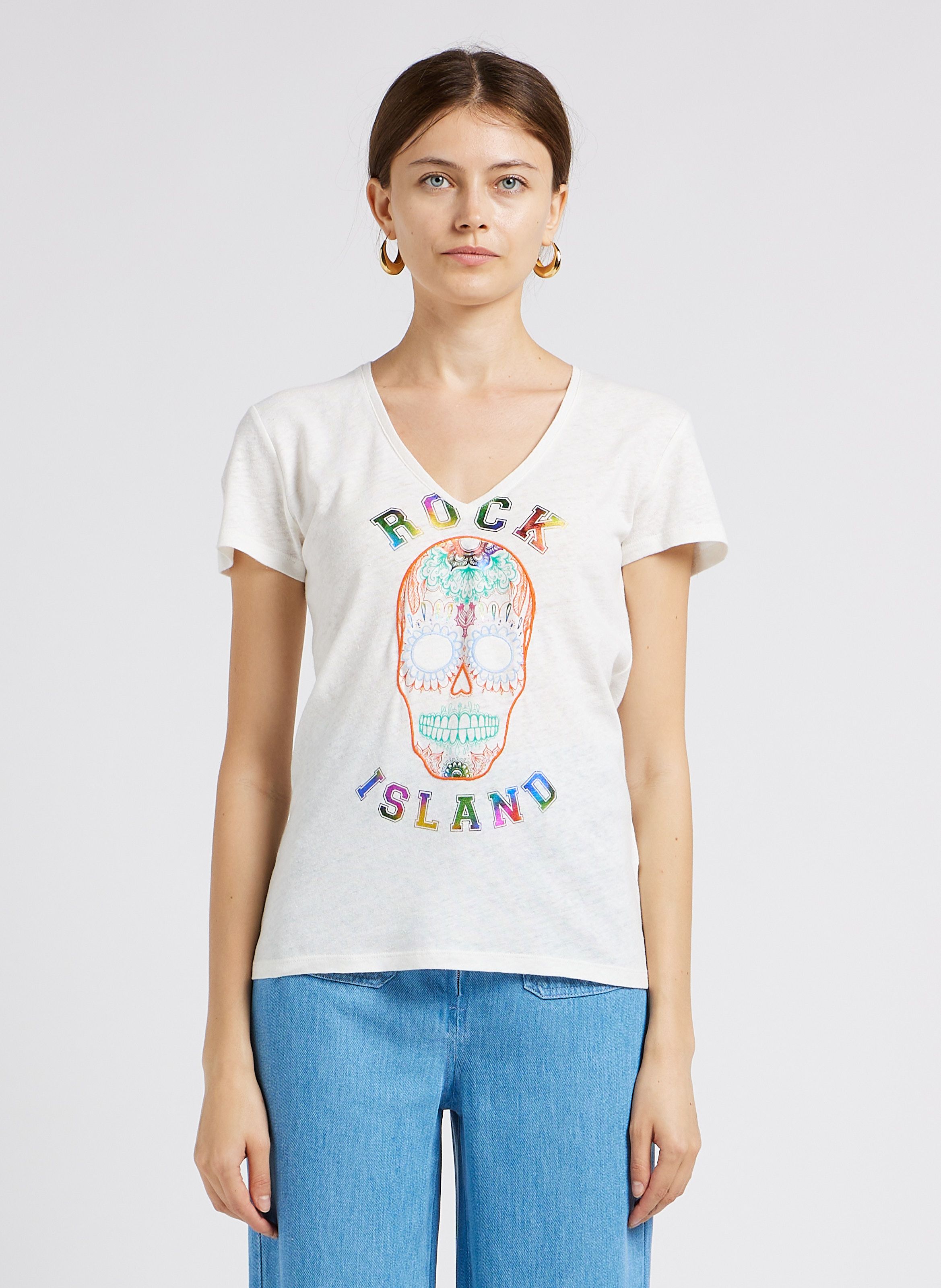 Tee shirt col V en lin et coton Blanc