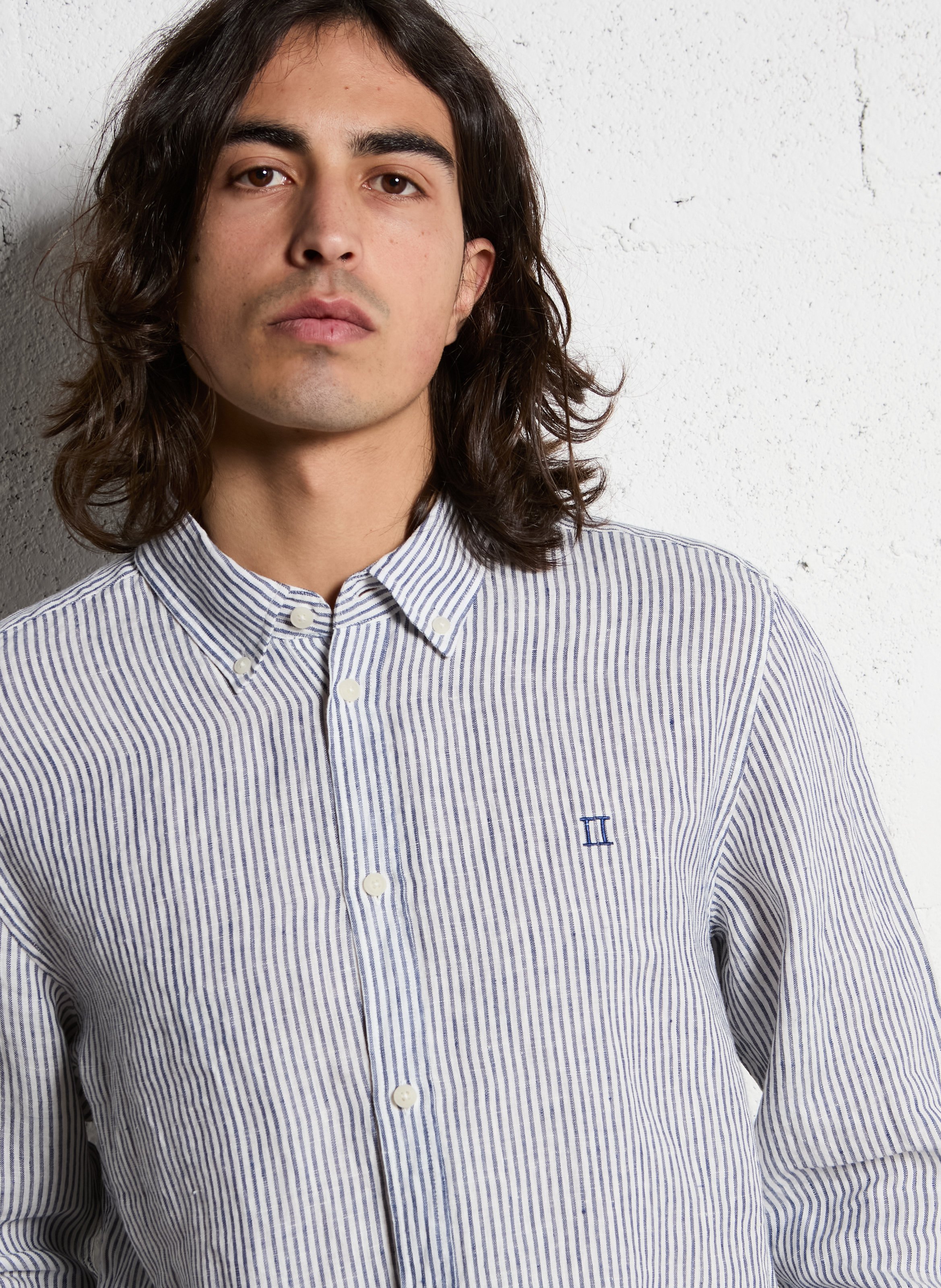 Gestreept overhemd van linnen met Amerikaanse kraag LES DEUX Beige