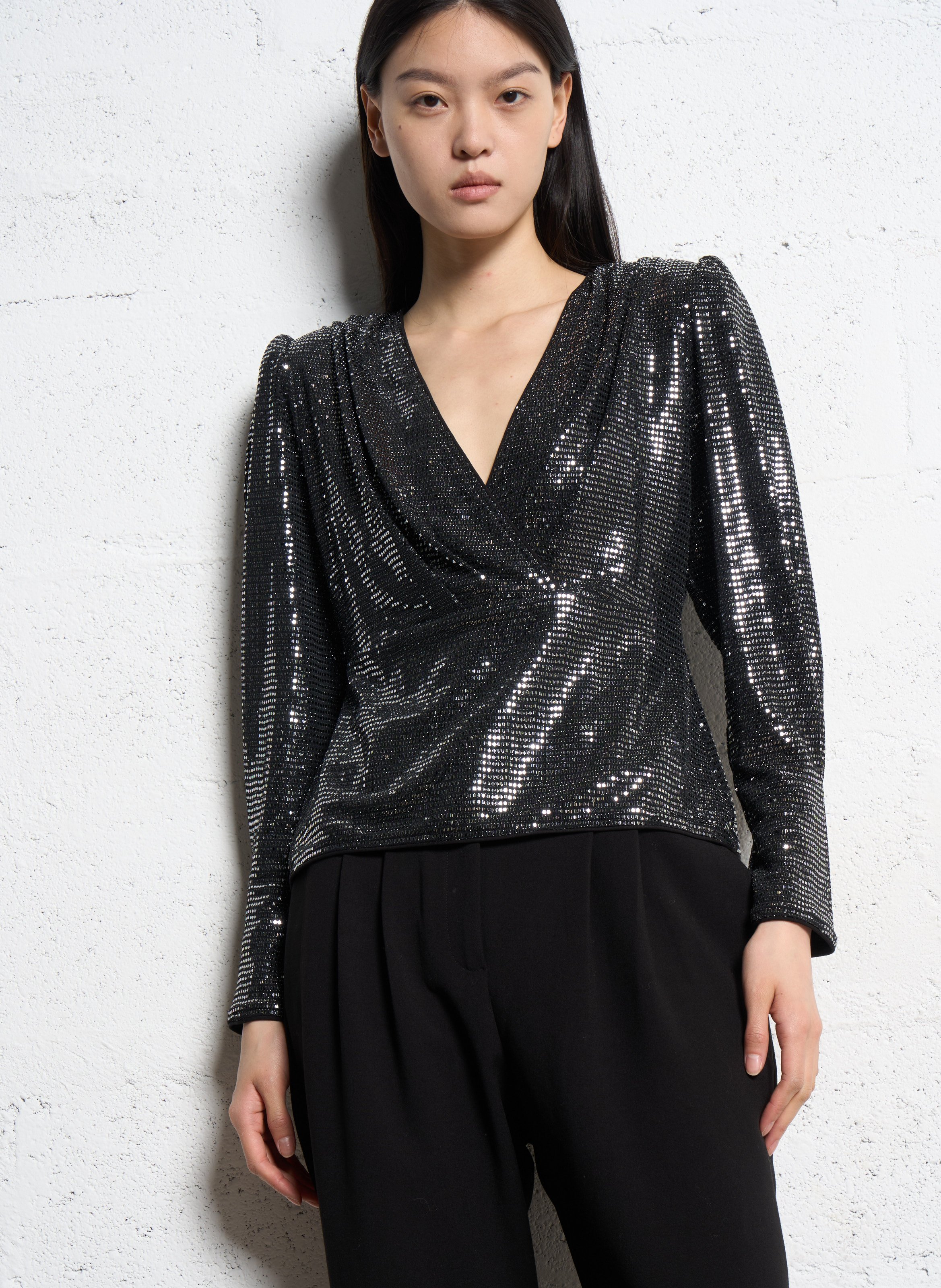 Strukturierter Wickeltop mit Pailletten SUNCOO Silber