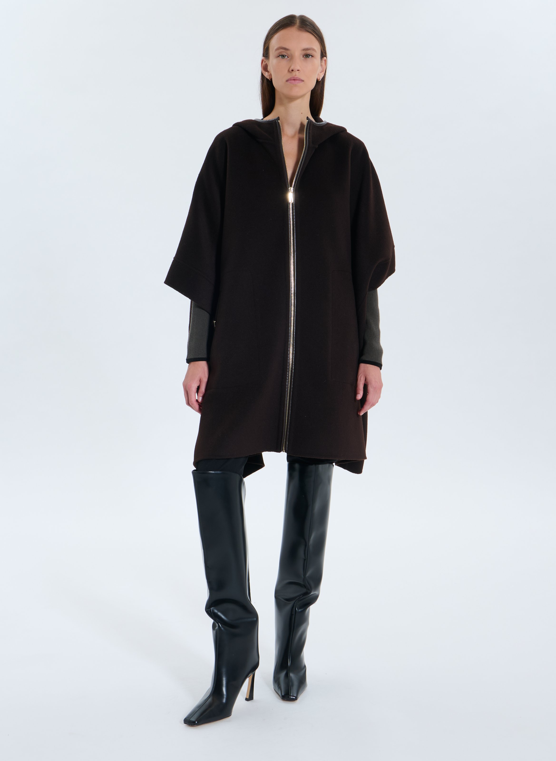Round neck wool blend cape ZAPA Brown