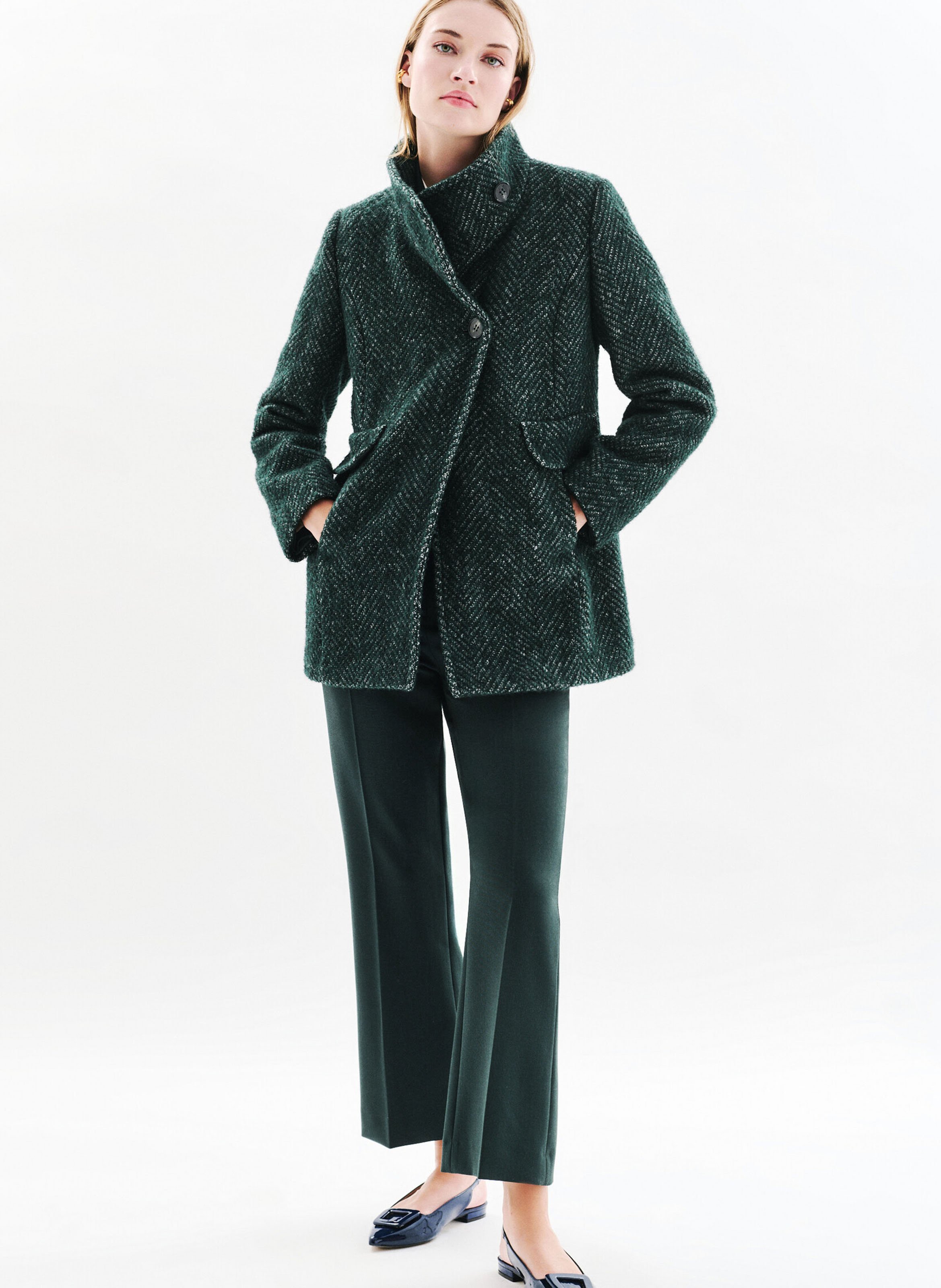 Manteau droit en laine recyclée mélangée CAROLL Vert