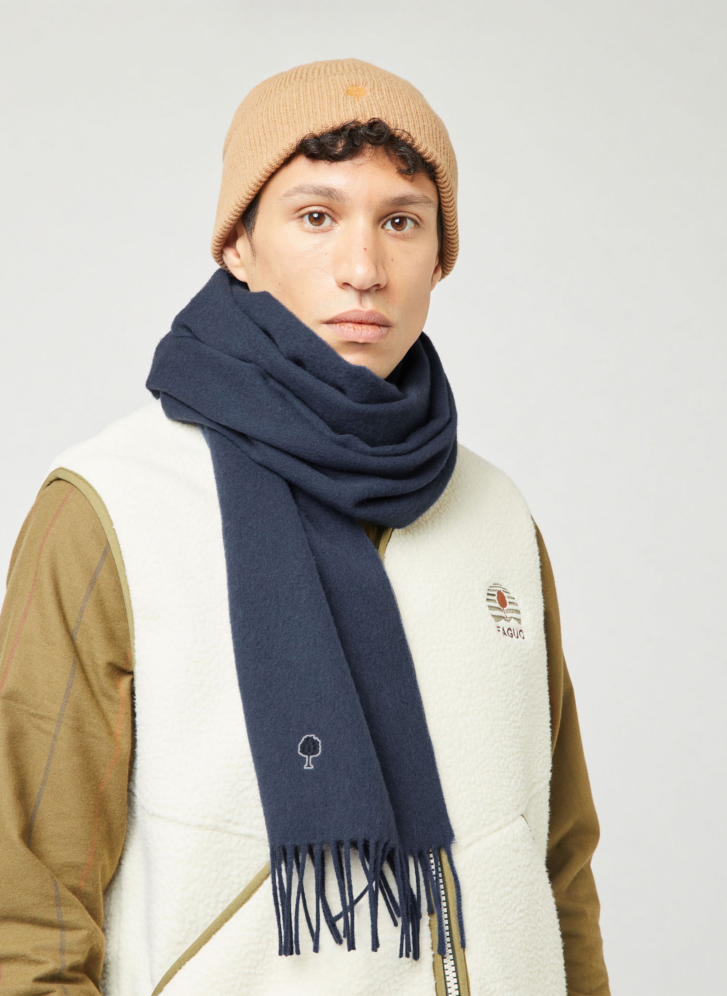 Solid scarf with embroidered logo in wool FAGUO Blue