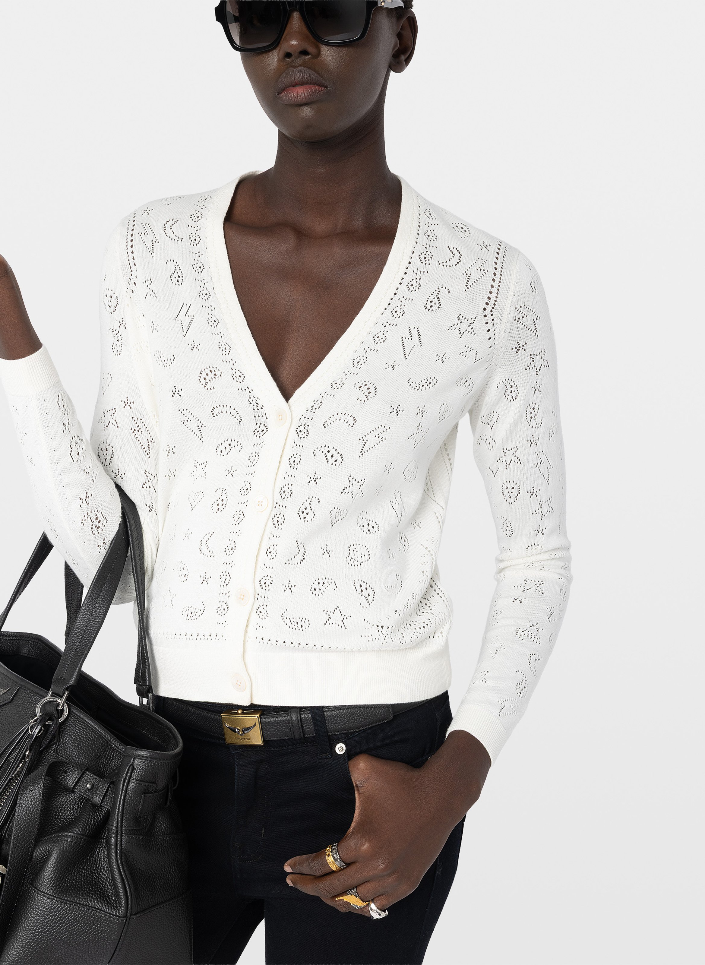 Cardigan droit col V en coton ZADIG&VOLTAIRE Blanc