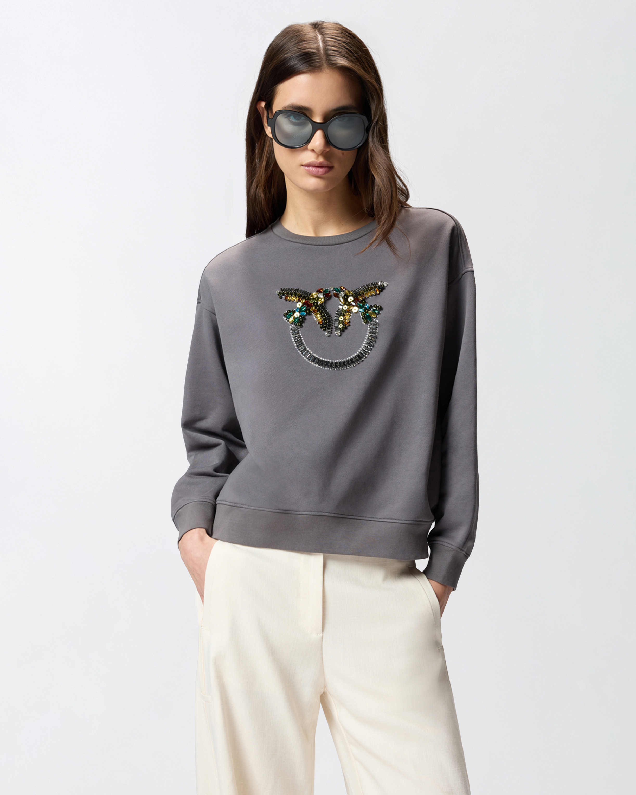 Sweat-shirt avec maxi broderie bijou love birds PINKO Gris