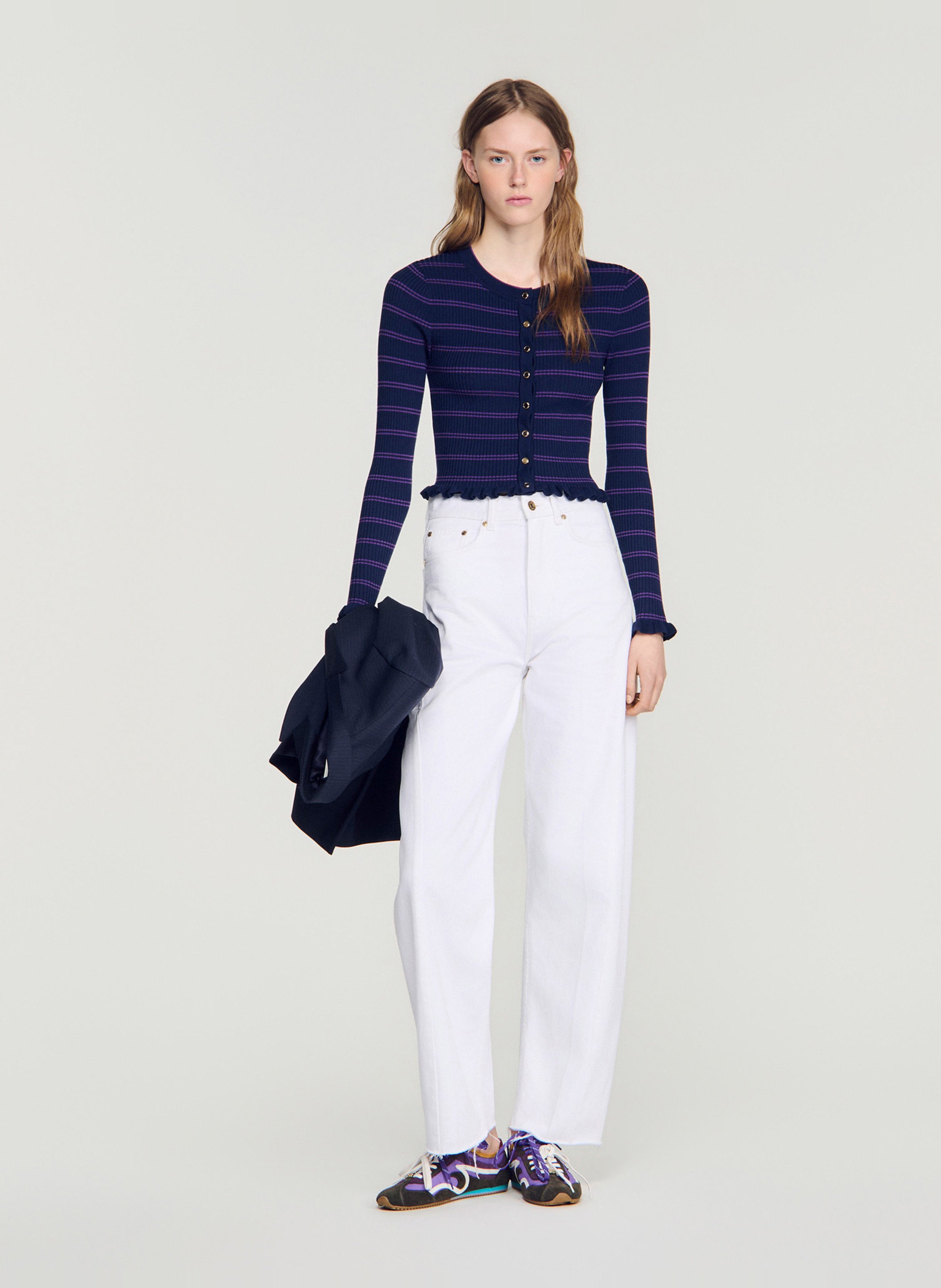 Getailleerde gestreepte gilet met ruches SANDRO Blauw