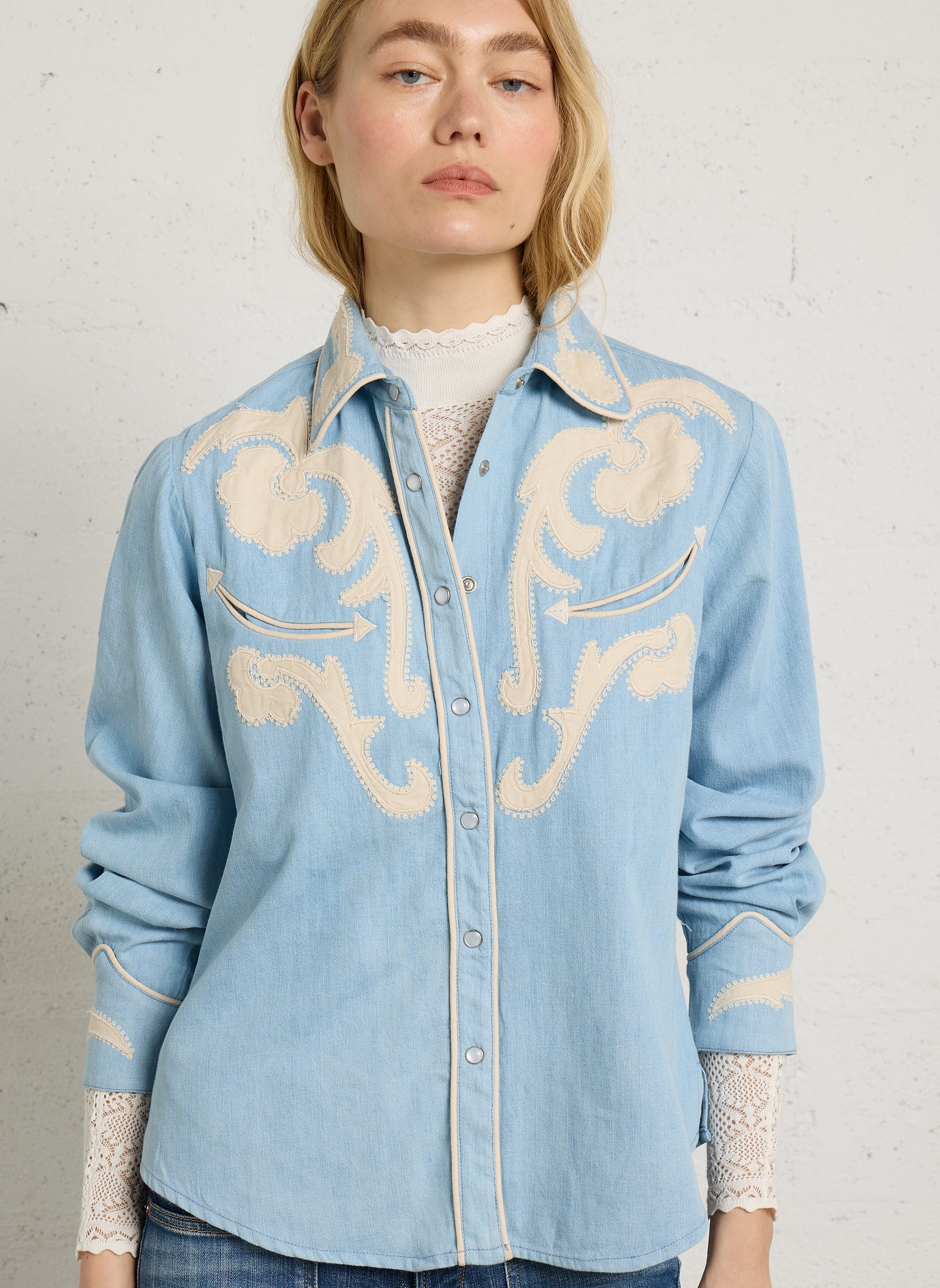 Denim shirt with cotton embroideries MAISON HOTEL Blue