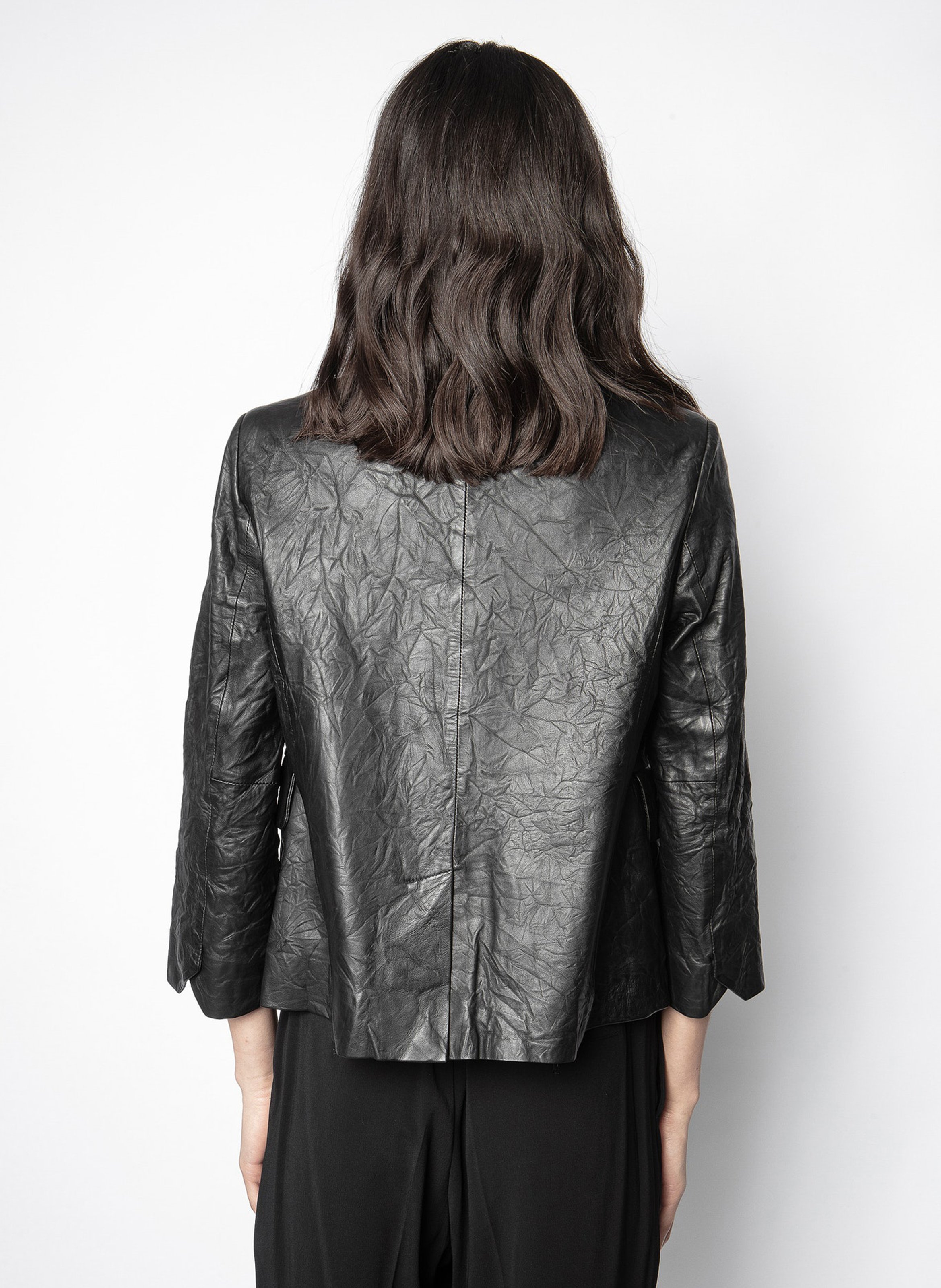 Crinkled leather jacket with high collar Black