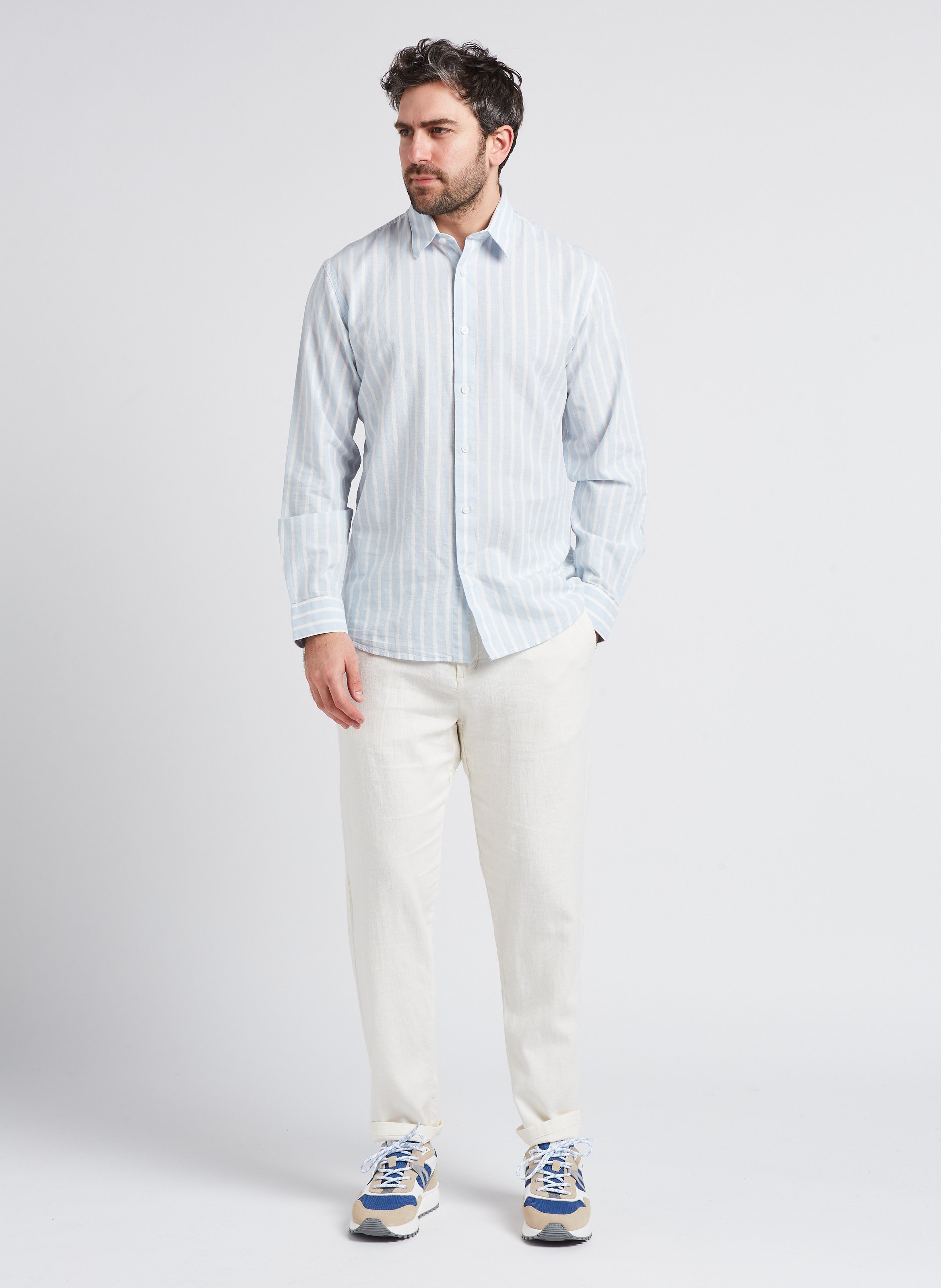 Chemise droite col classique en coton et lin mélangé SELECTED Bleu