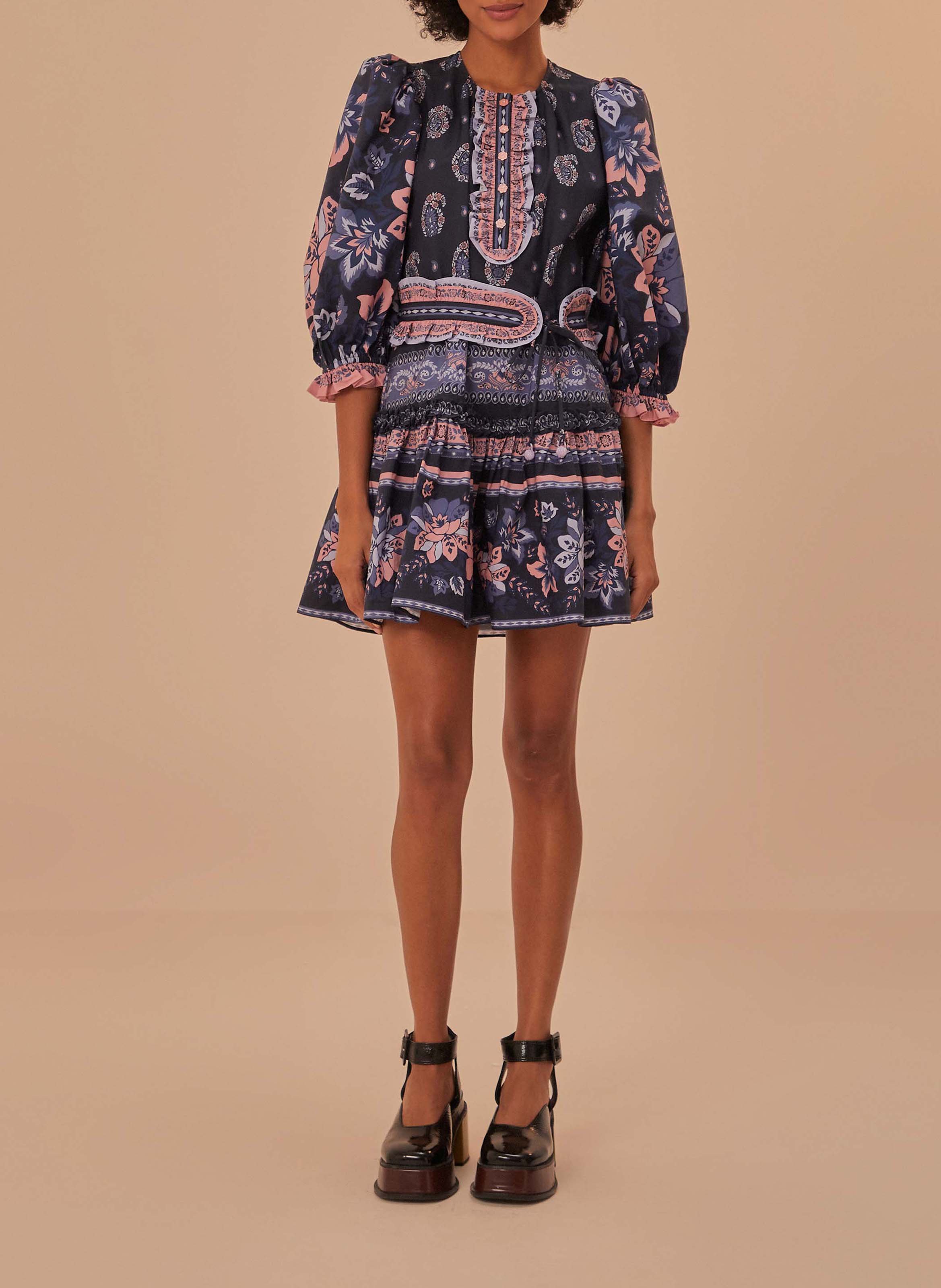 Short printed cotton dress FARM RIO Blue