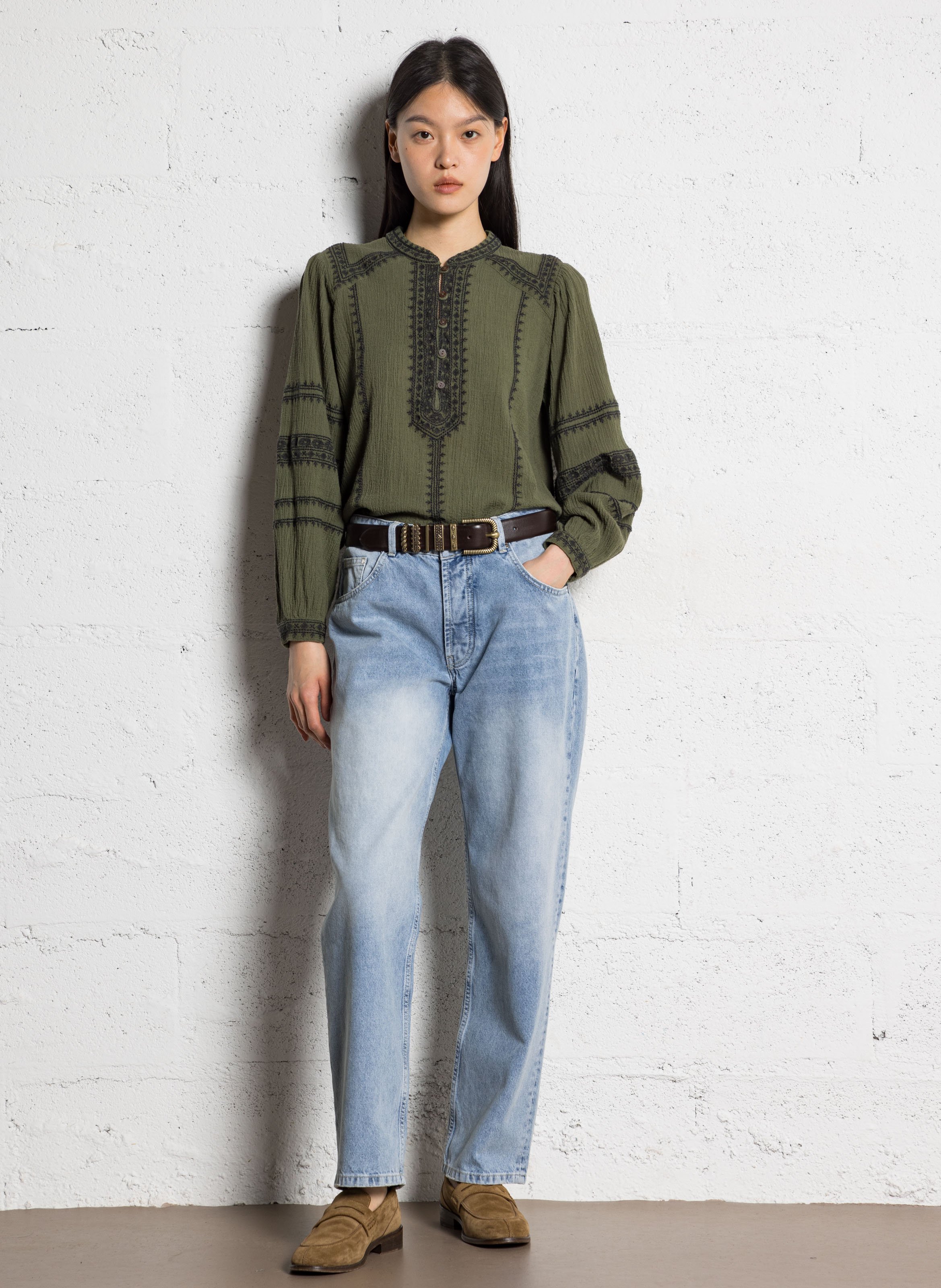 Round neck blouse with embroidered details MAISON HOTEL Green