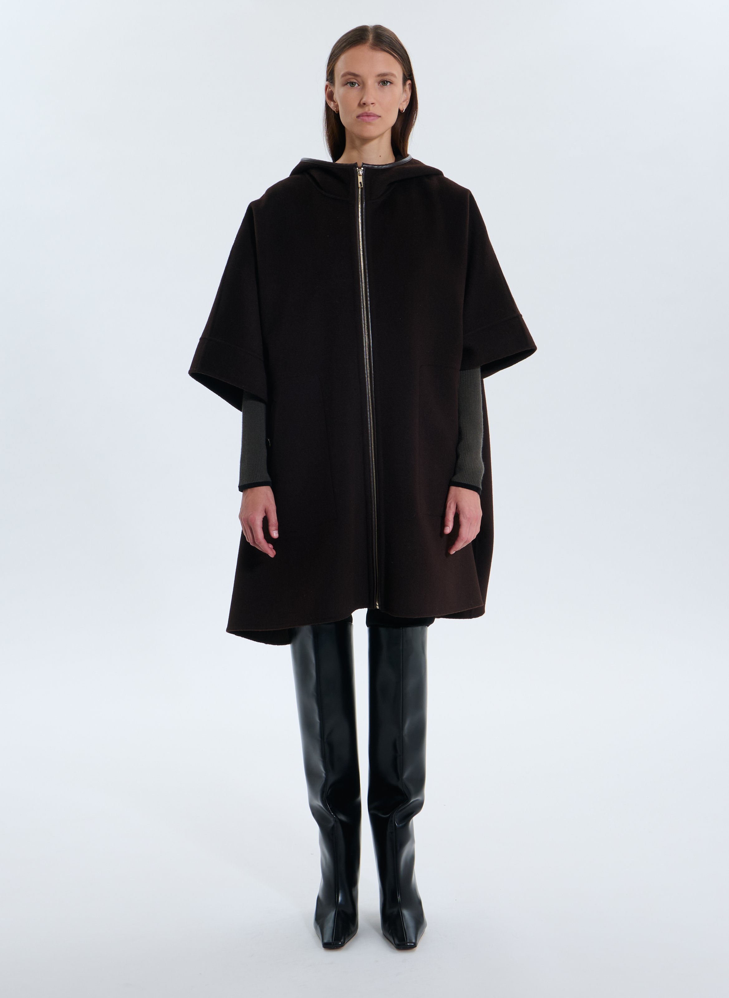 Round neck wool blend cape ZAPA Brown