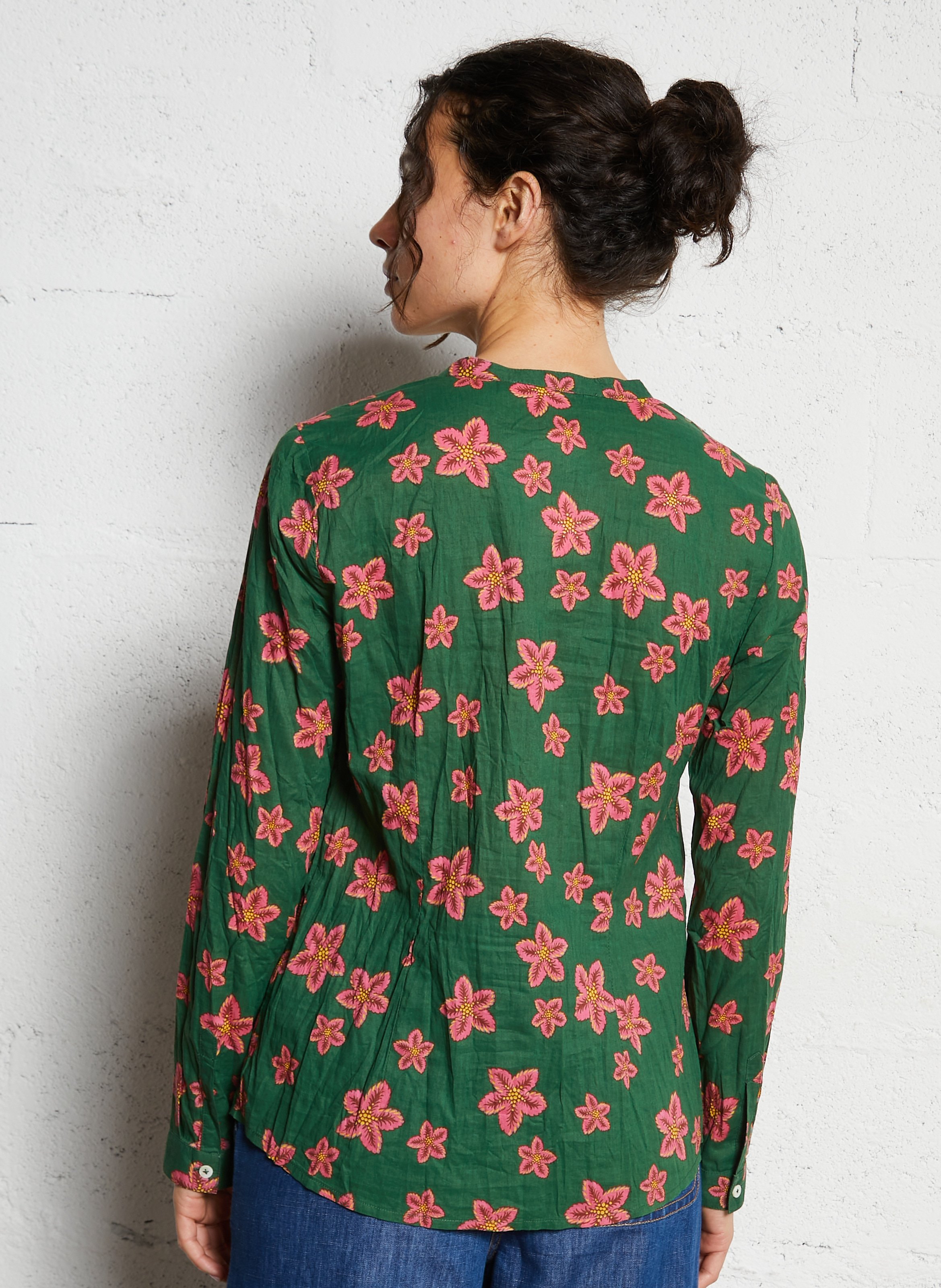 Chemise fleurie col tunisien en coton NICE THINGS Vert