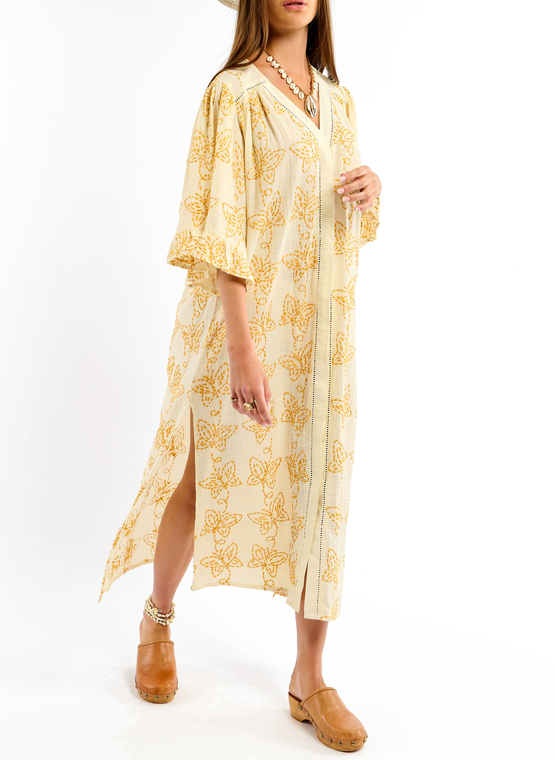 Long embroidered V-neck dress WILD Beige