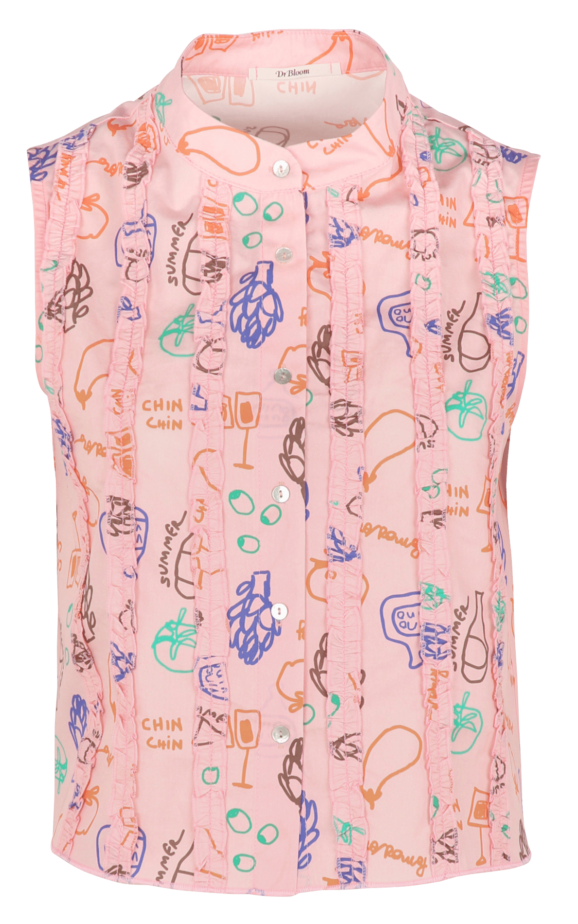 Rechte, katoenen blouse met ronde hals en print DR BLOOM Roze