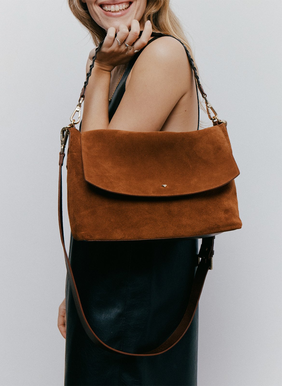 Sac bandoulière en cuir velours HERBERT FRERE SOEUR Marron