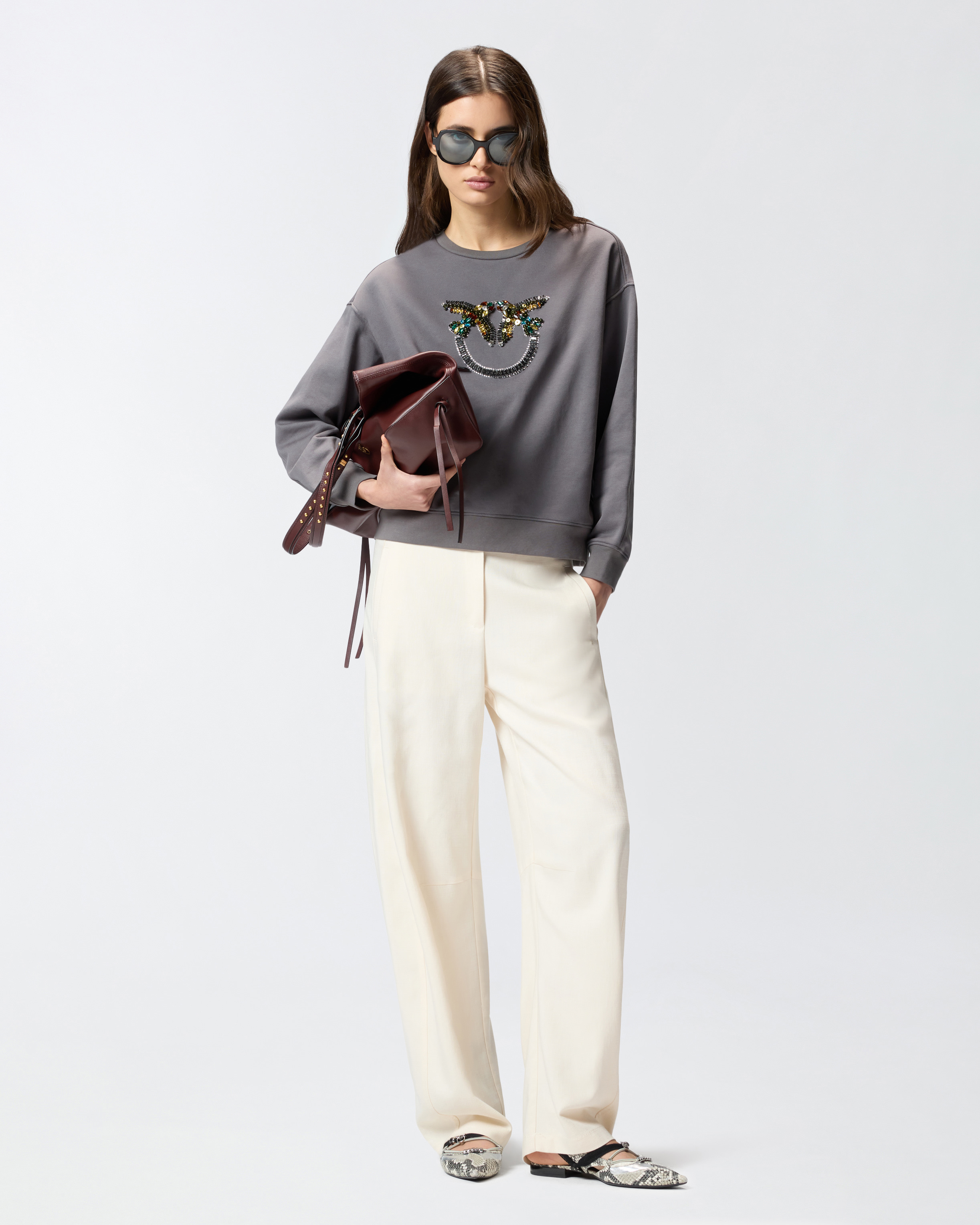 Sweat-shirt avec maxi broderie bijou love birds PINKO Gris