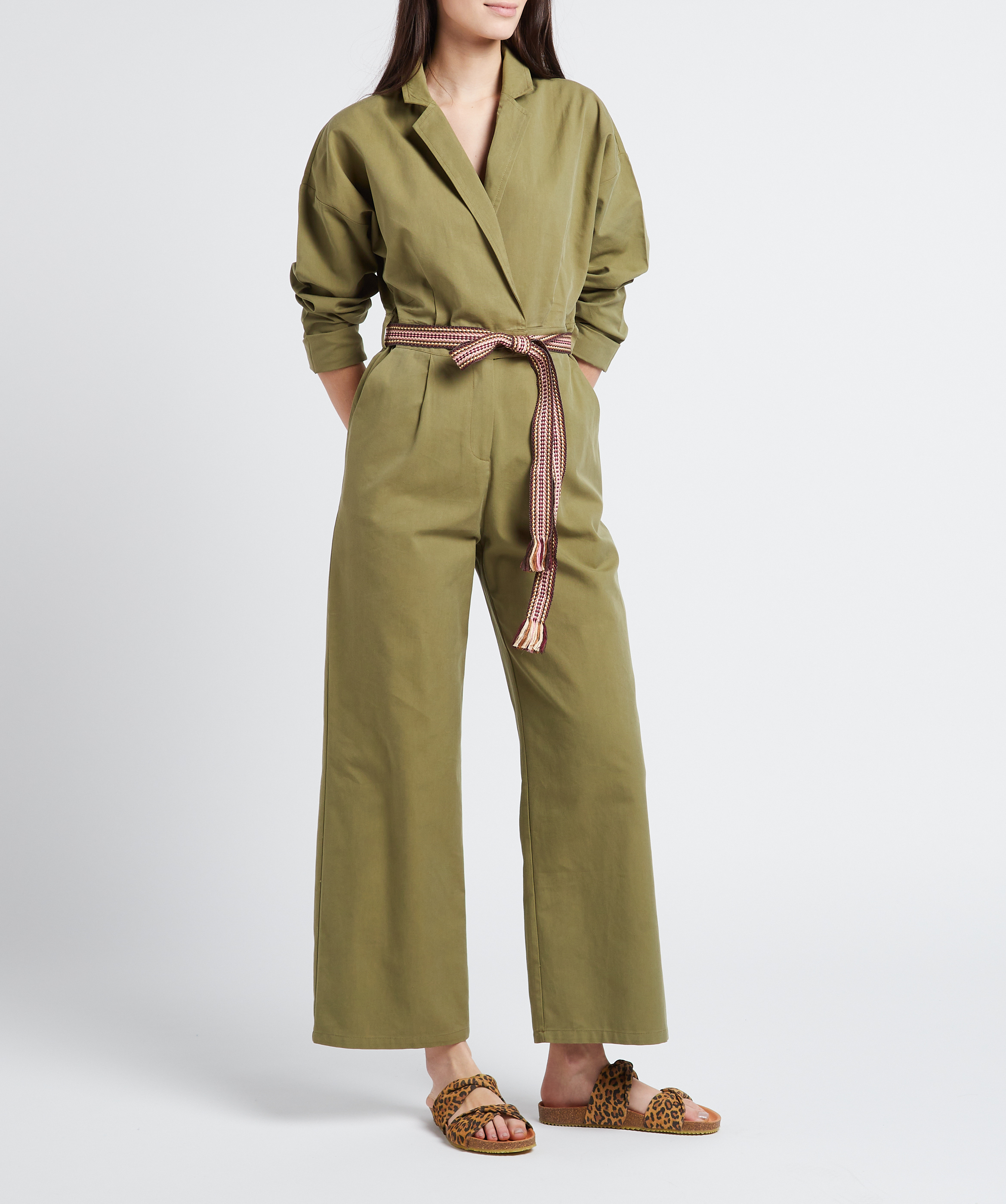 Cotton-blend belted jumpsuit with tailored collar LA PETITE ETOILE Khaki