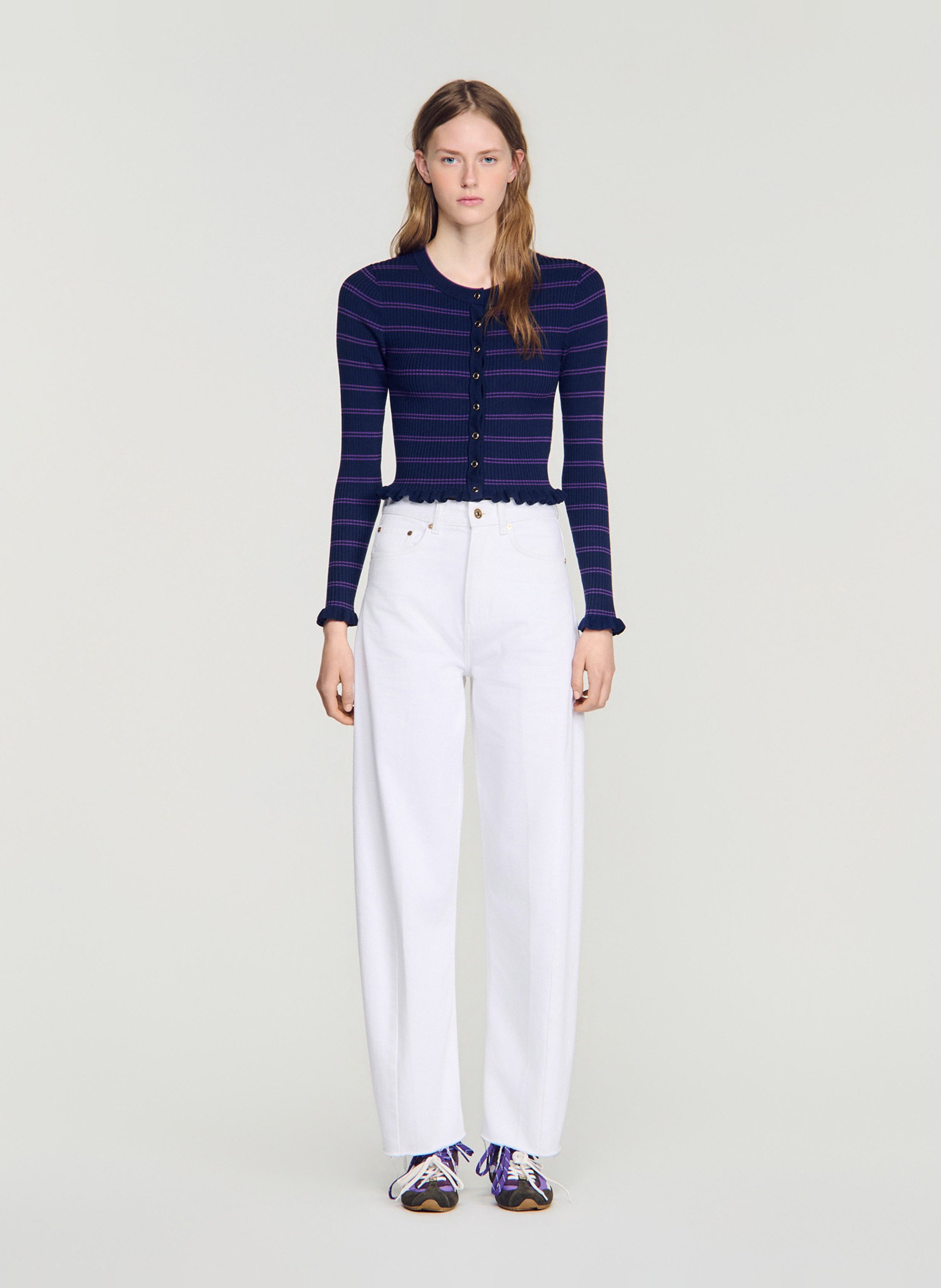 Getailleerde gestreepte gilet met ruches SANDRO Blauw