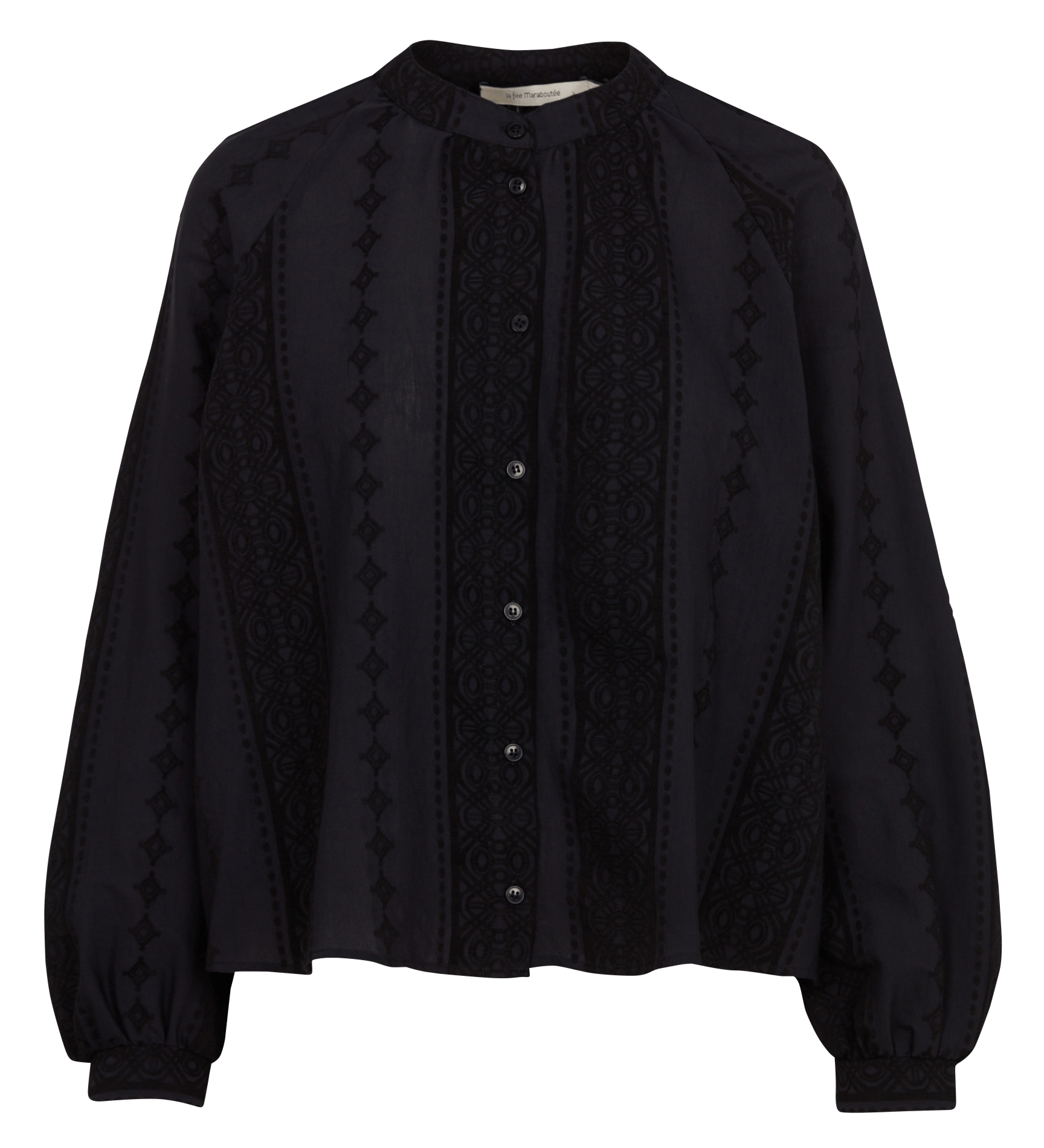 Ruime blouse met Mao-kraag in motief LA FEE MARABOUTEE Zwart