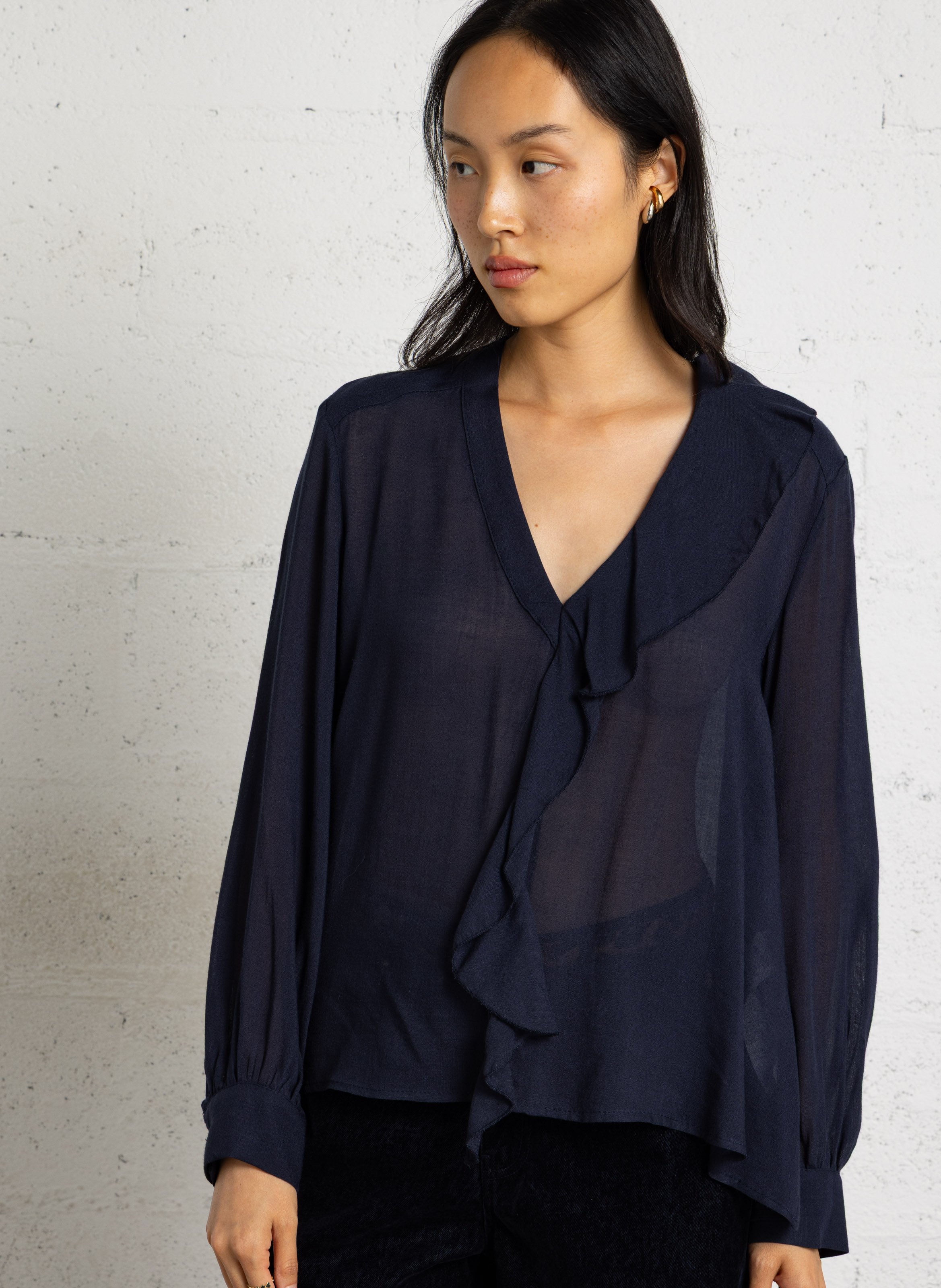 V-neck ruffled solid blouse PLEASE