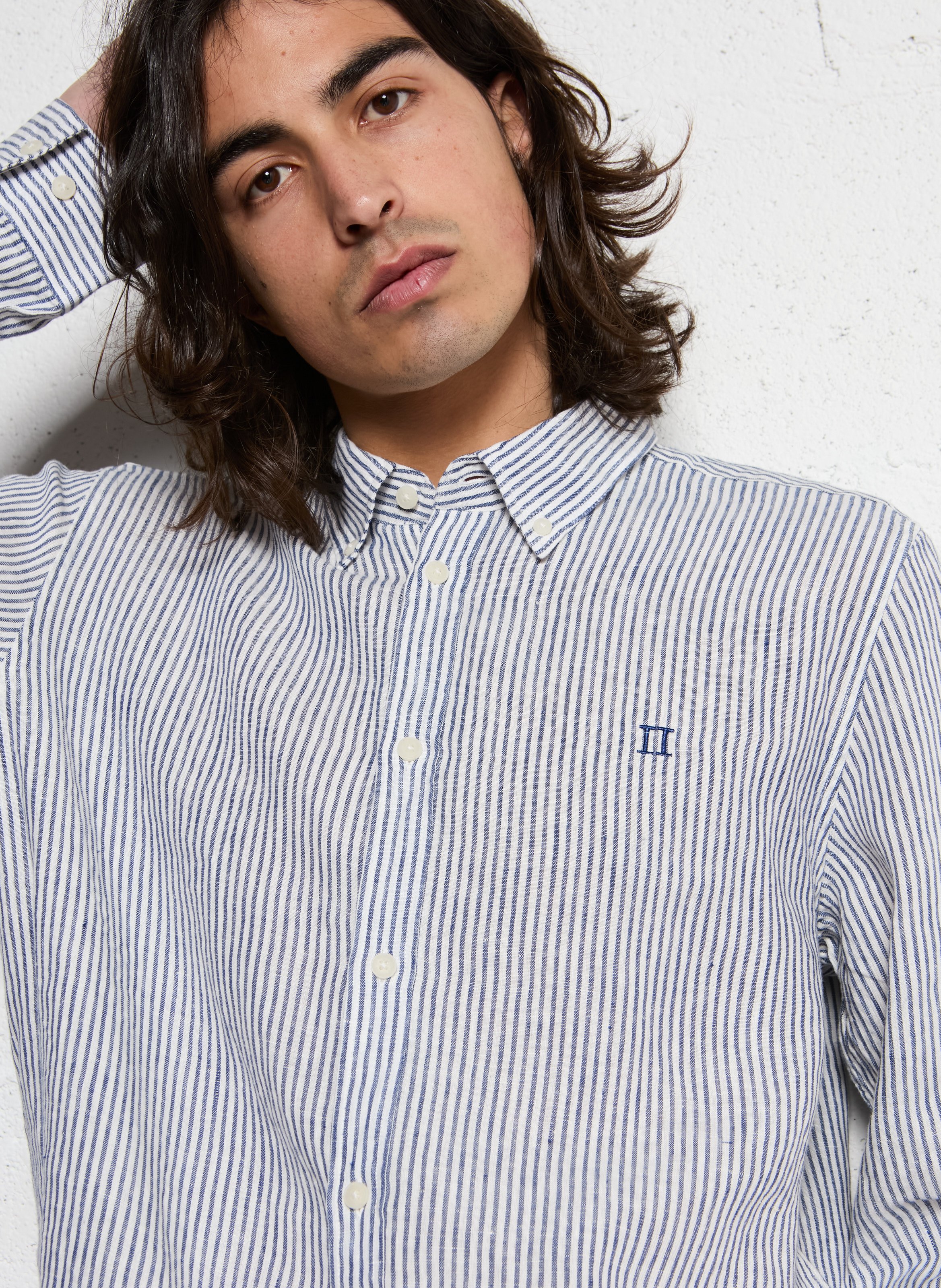 Gestreept overhemd van linnen met Amerikaanse kraag LES DEUX Beige