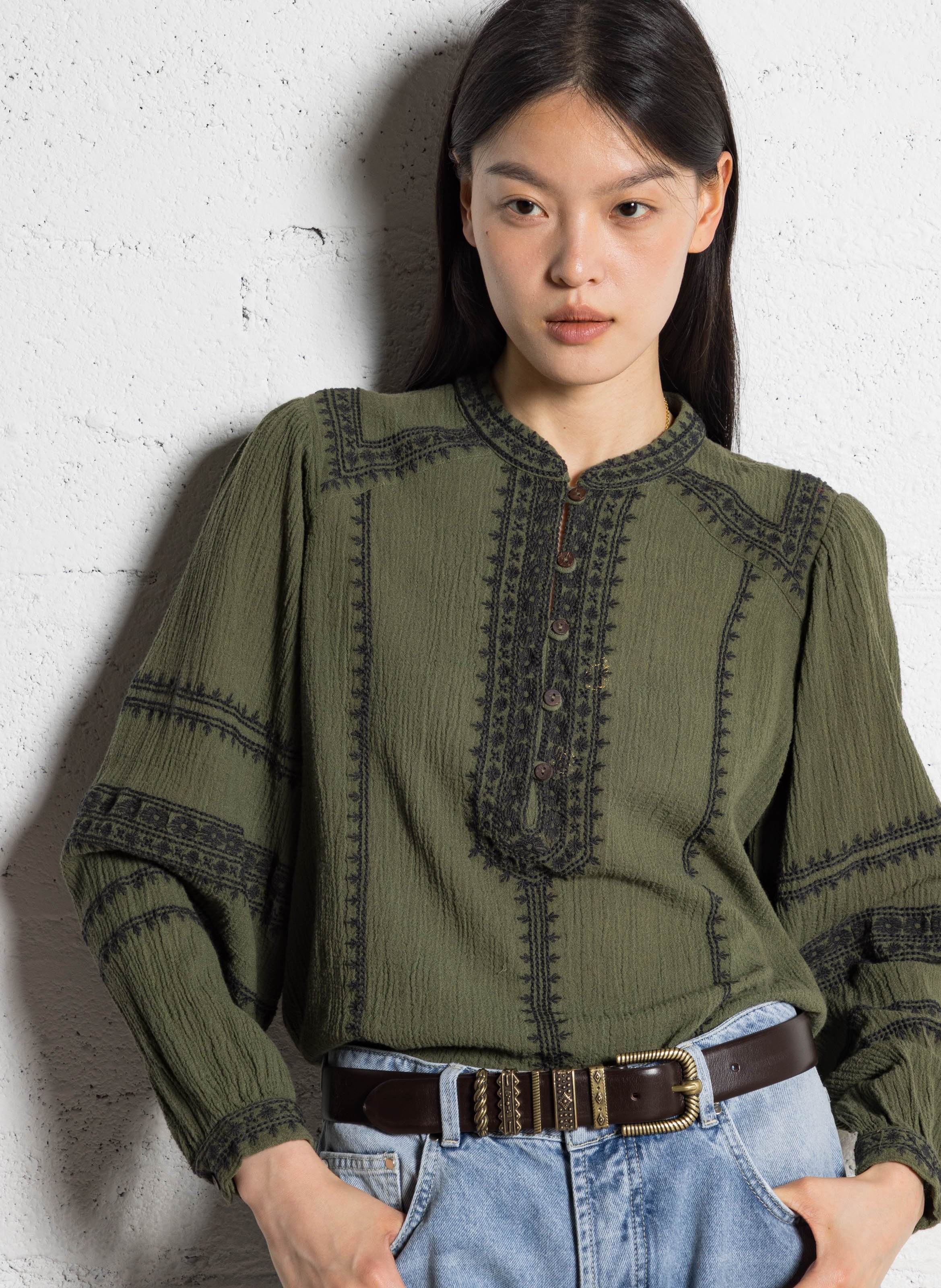 Round neck blouse with embroidered details MAISON HOTEL Green