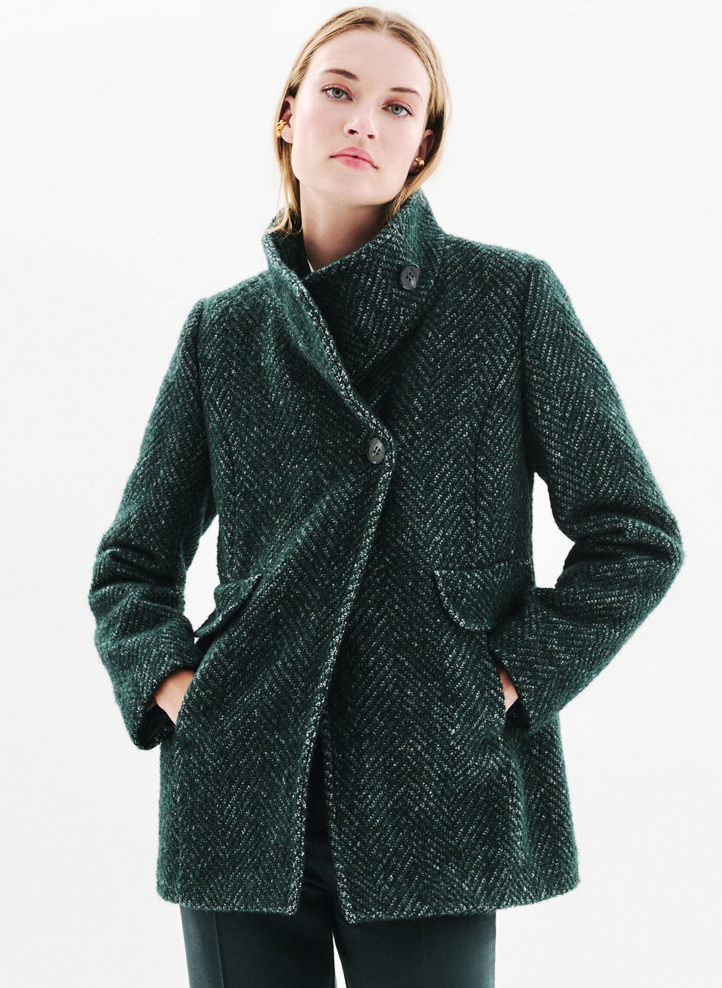 Manteau droit en laine recyclée mélangée CAROLL Vert