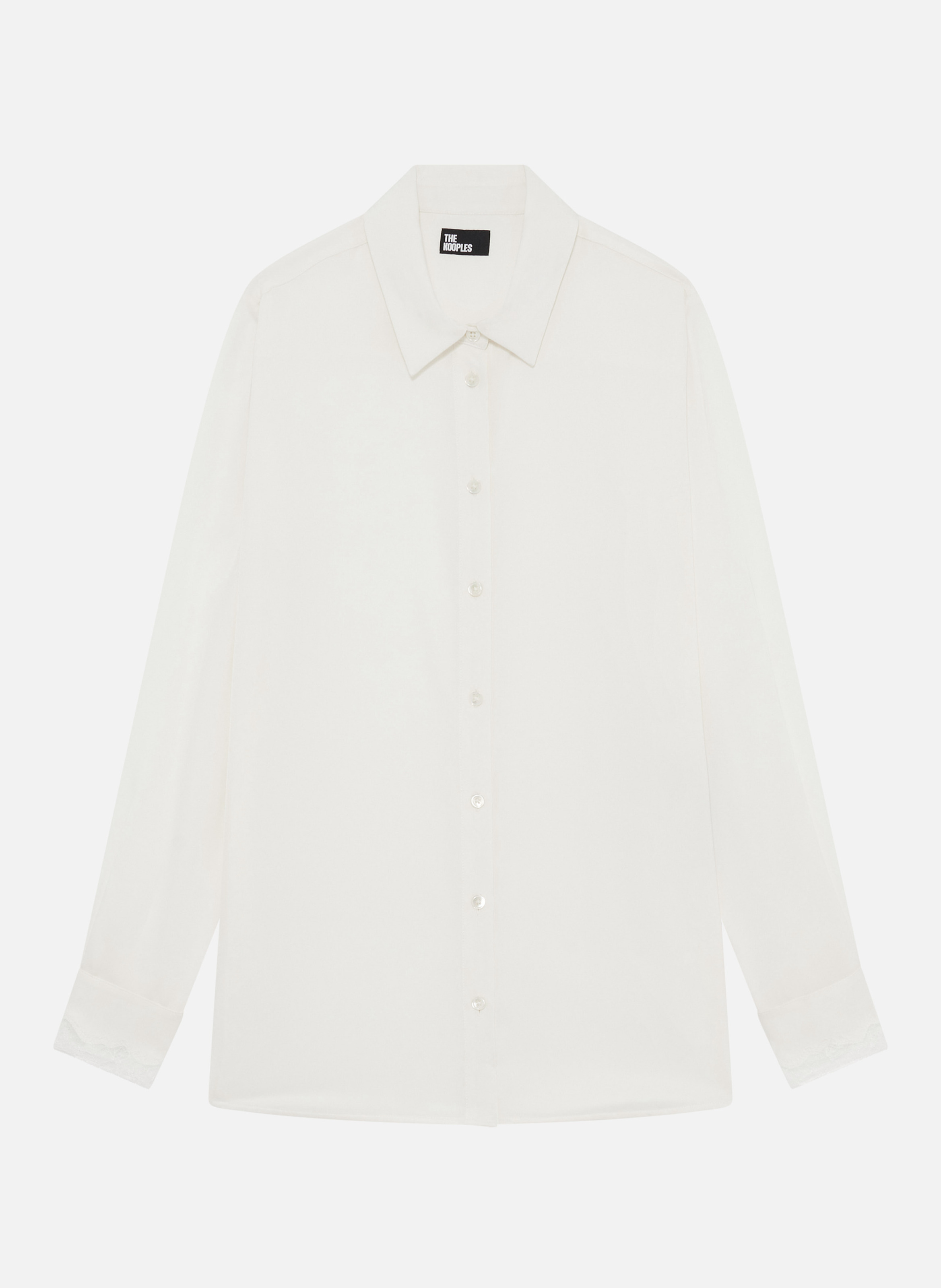 Printed silk satin classic-collar shirt Beige