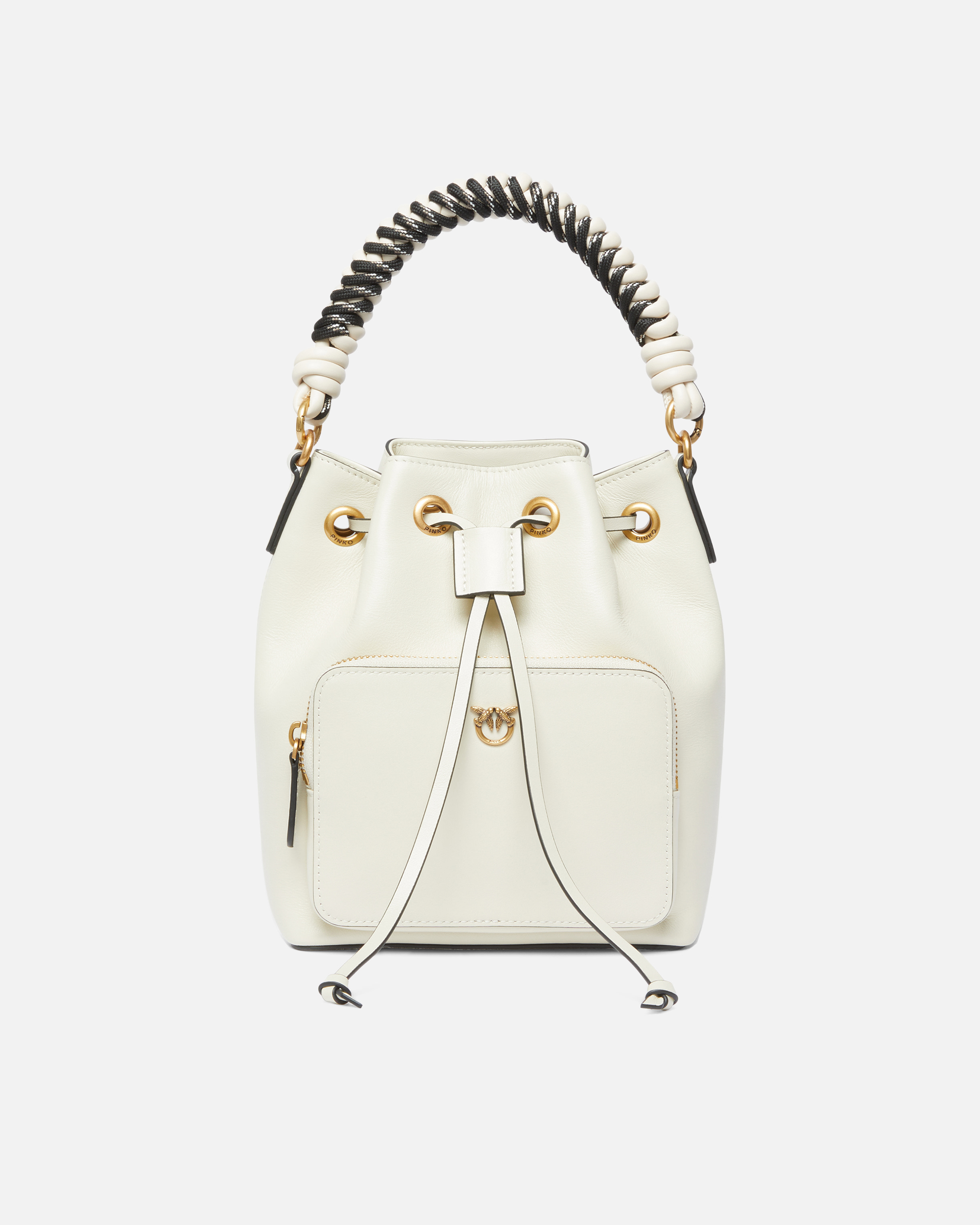 Small leather cargo bucket bag with lacing detail PINKO White