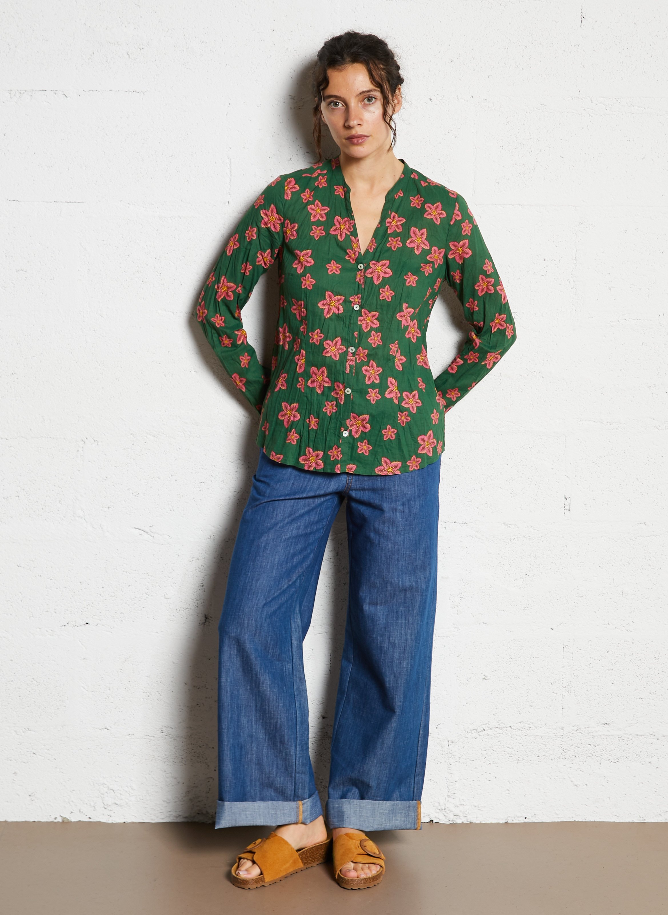 Chemise fleurie col tunisien en coton NICE THINGS Vert