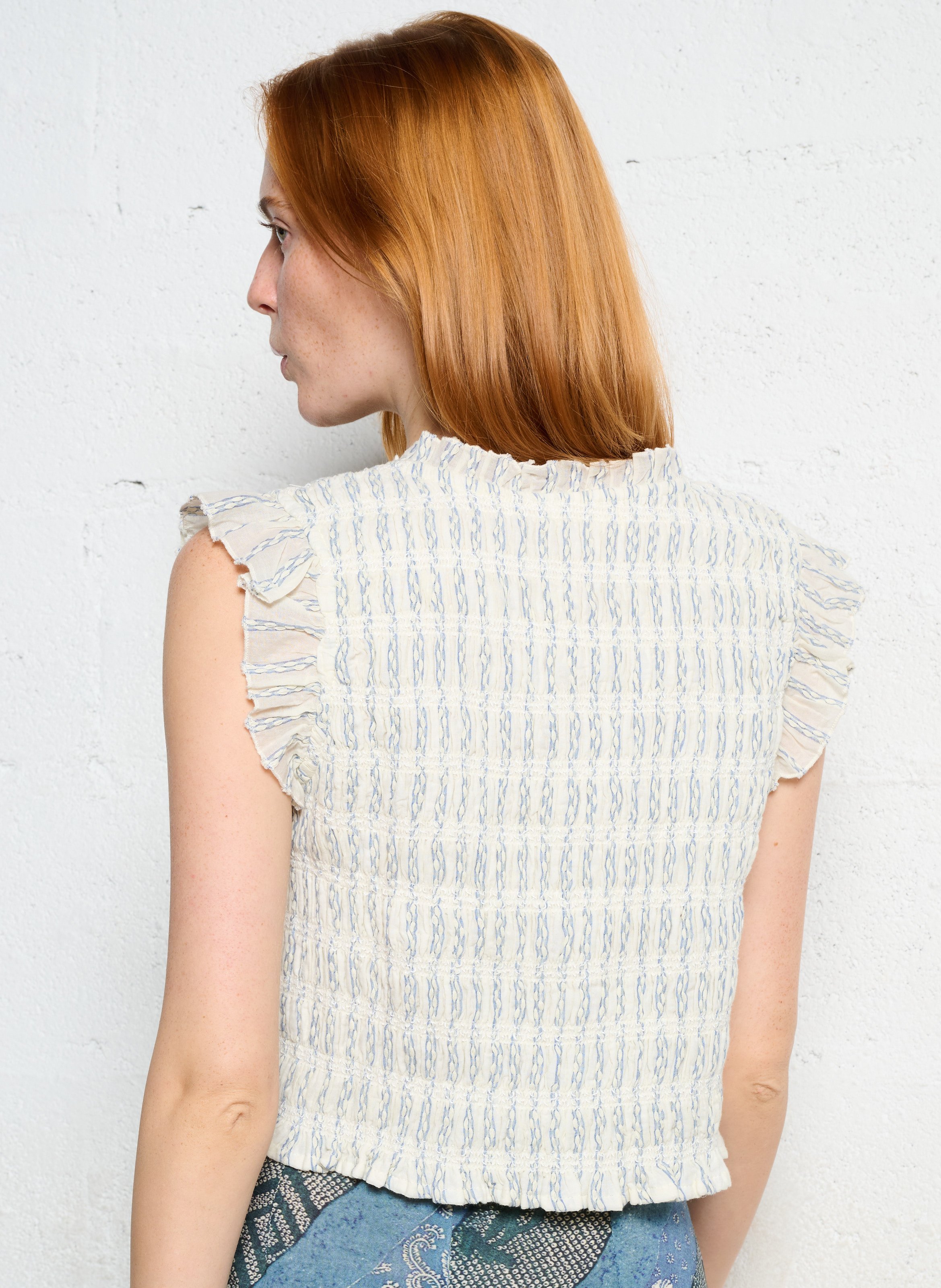 Top droit col rond en coton imprimé MAISON HOTEL Blanc