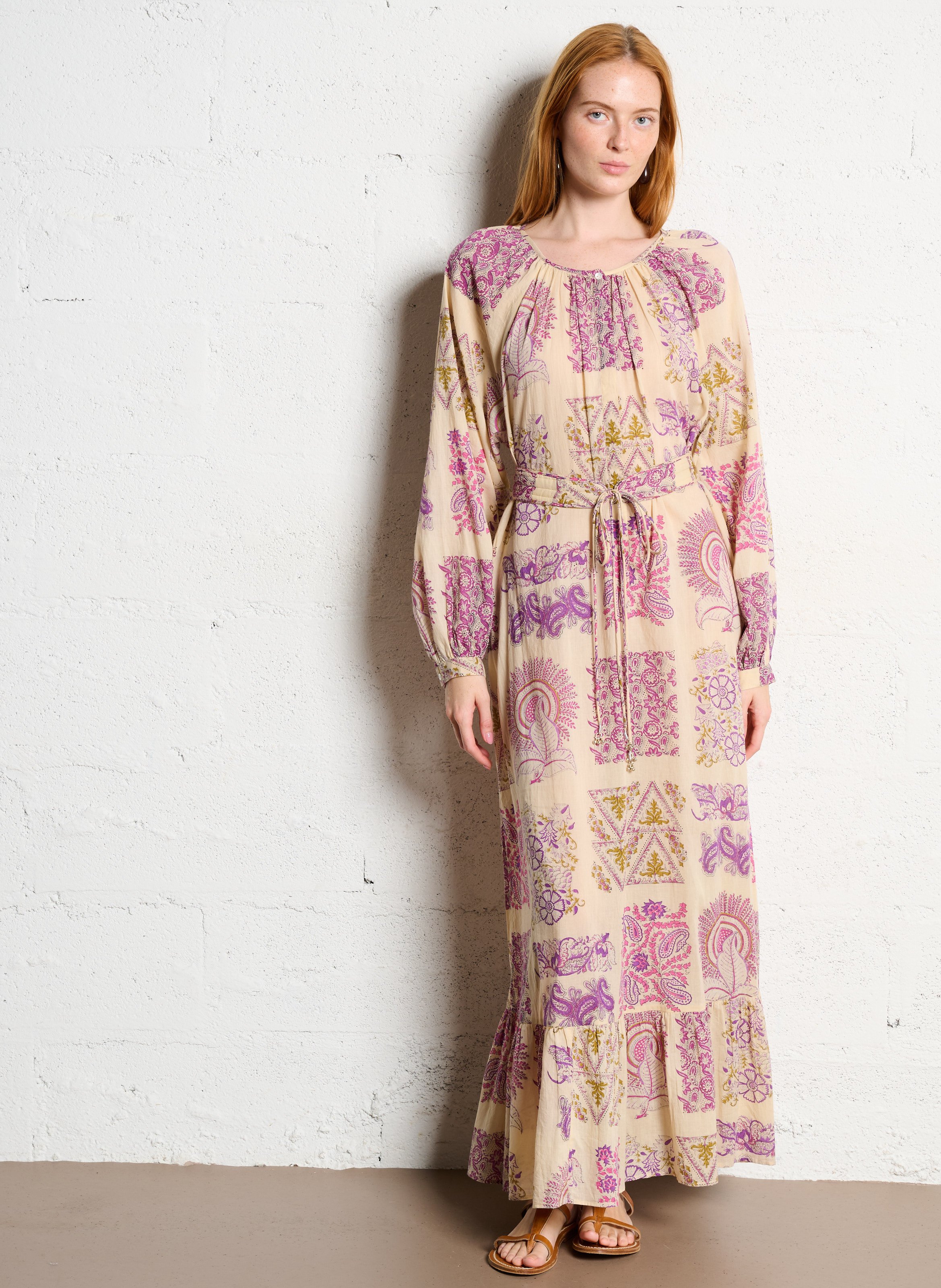 Robe longue col rond imprimé ANTIK BATIK Beige