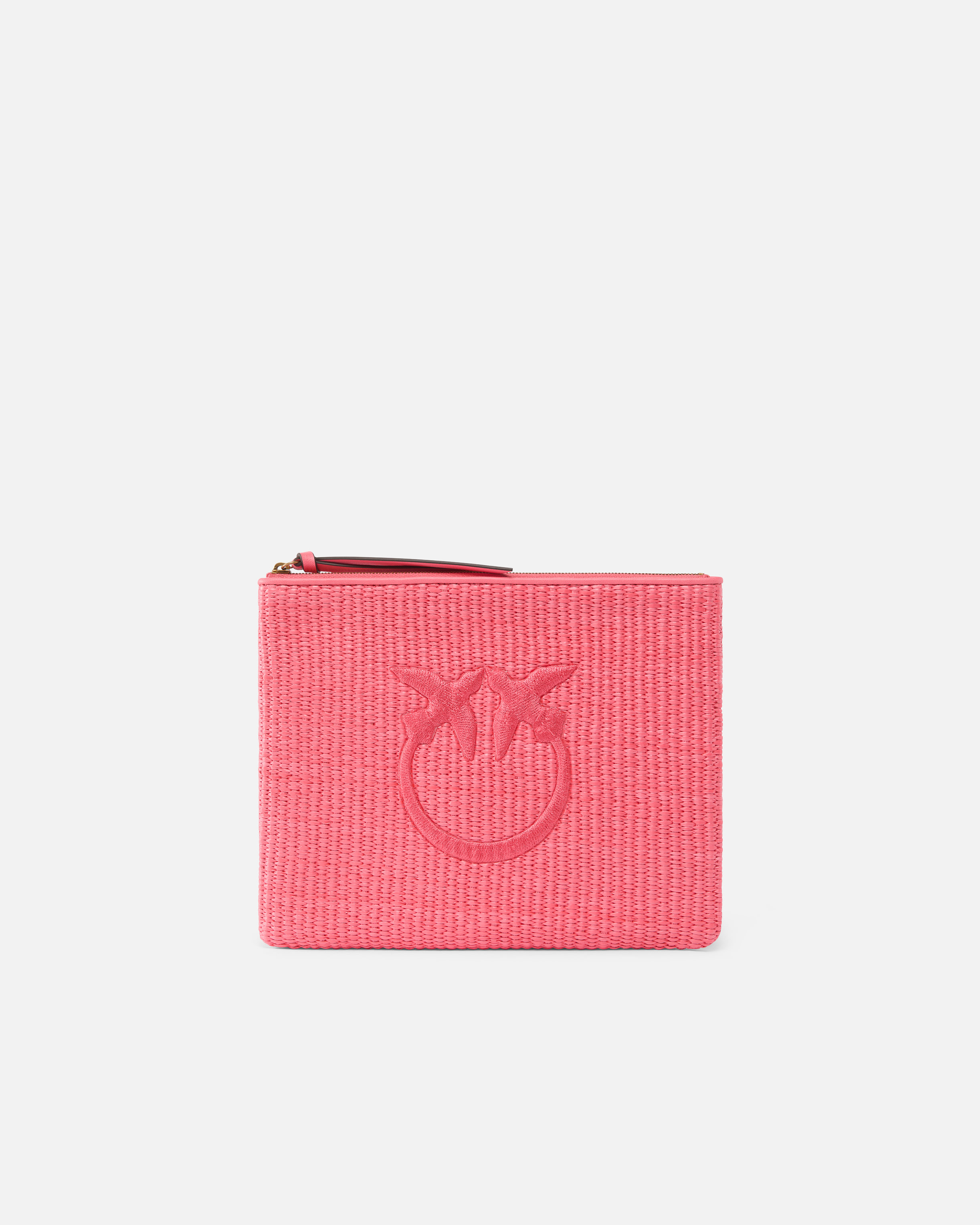 Raffia clutch with love birds logo PINKO Pink