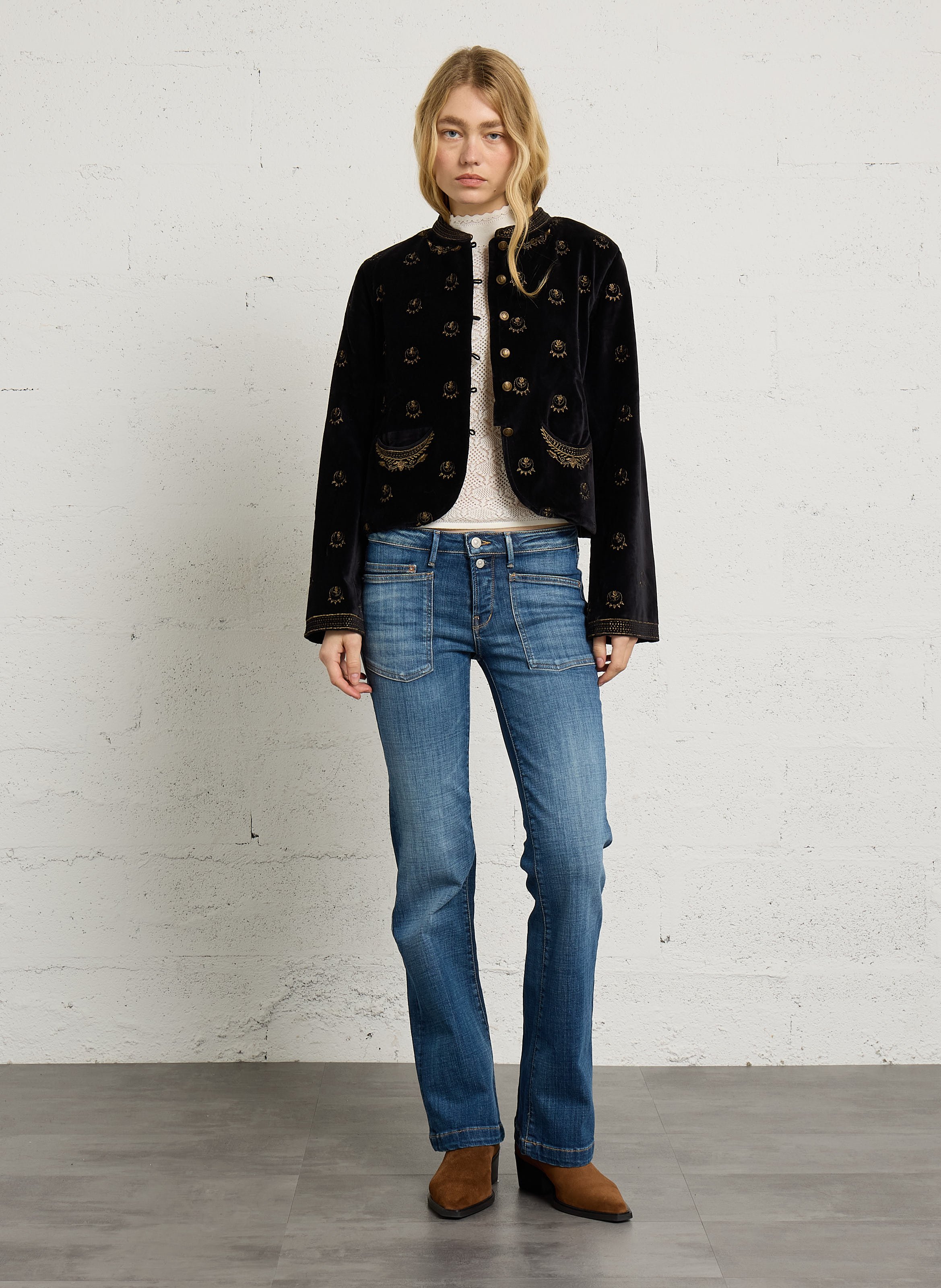 Straight embroidered cotton velvet jacket MAISON HOTEL Black