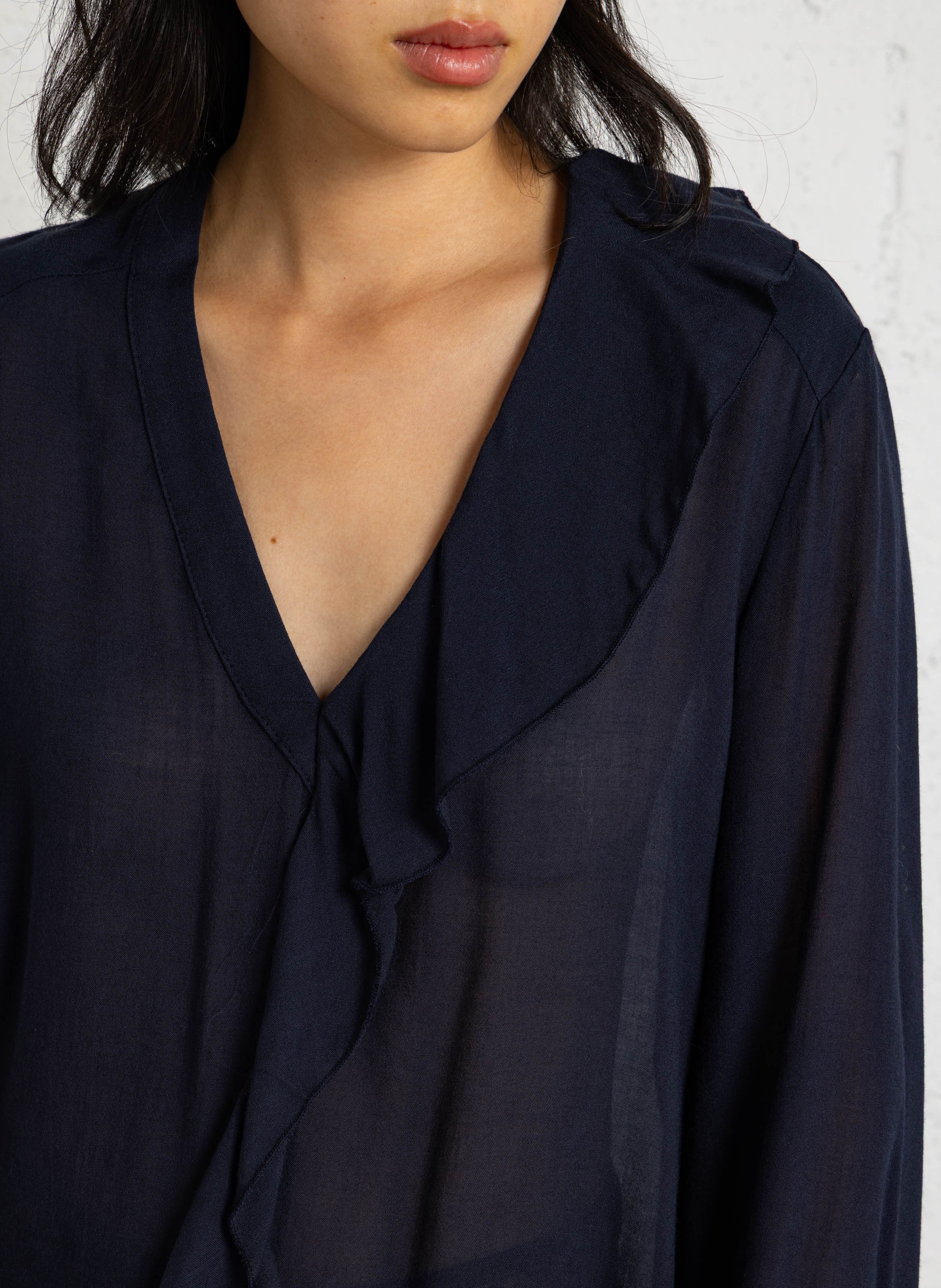 V-neck ruffled solid blouse PLEASE Blue