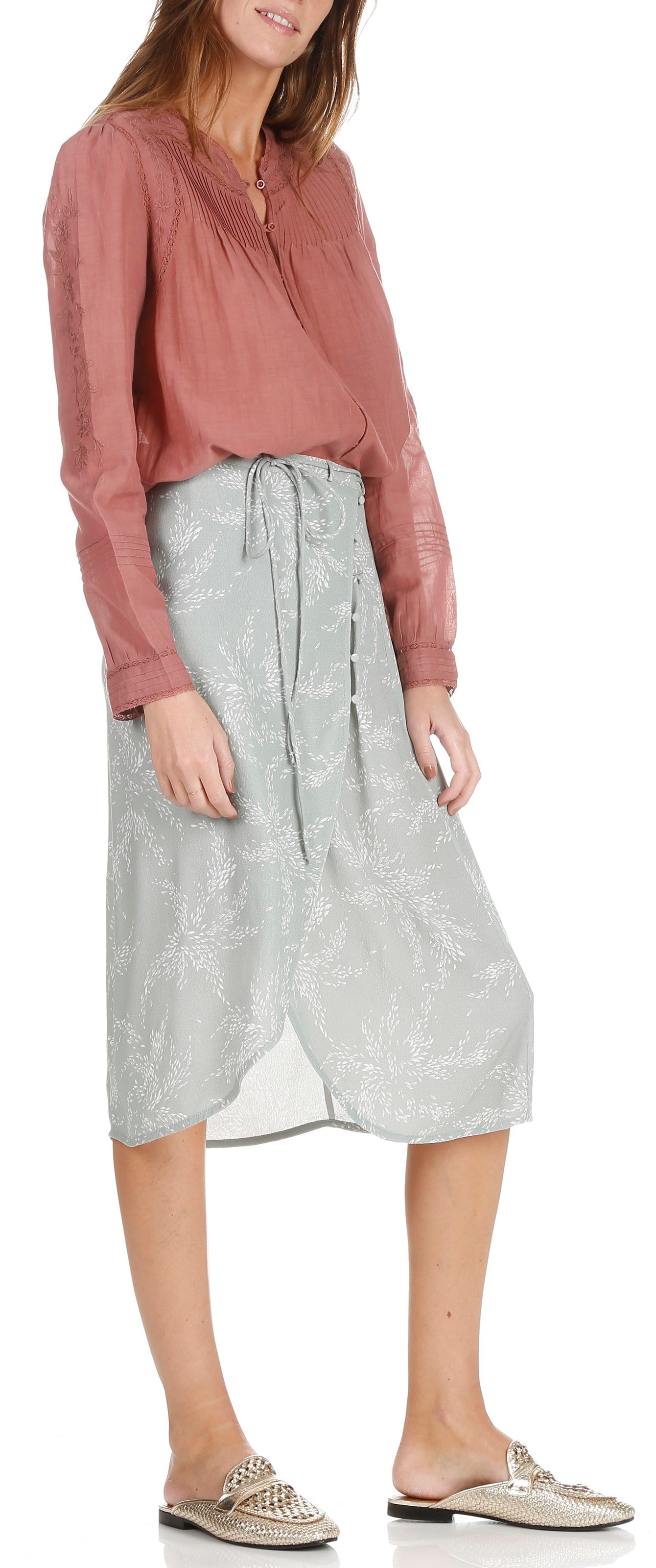 Jupe portefeuille midi en crêpe imprimé SWILDENS Vert